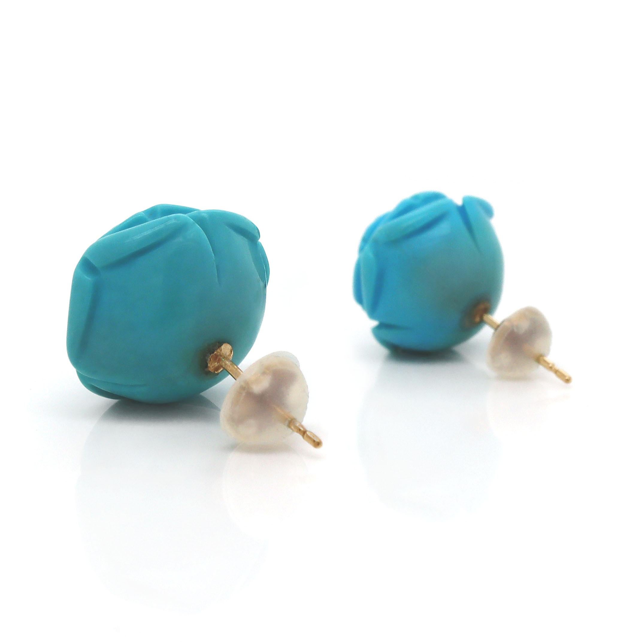 Rose Cut 18CT Yellow Gold Carved Rose Turquoise Earrings For Sale