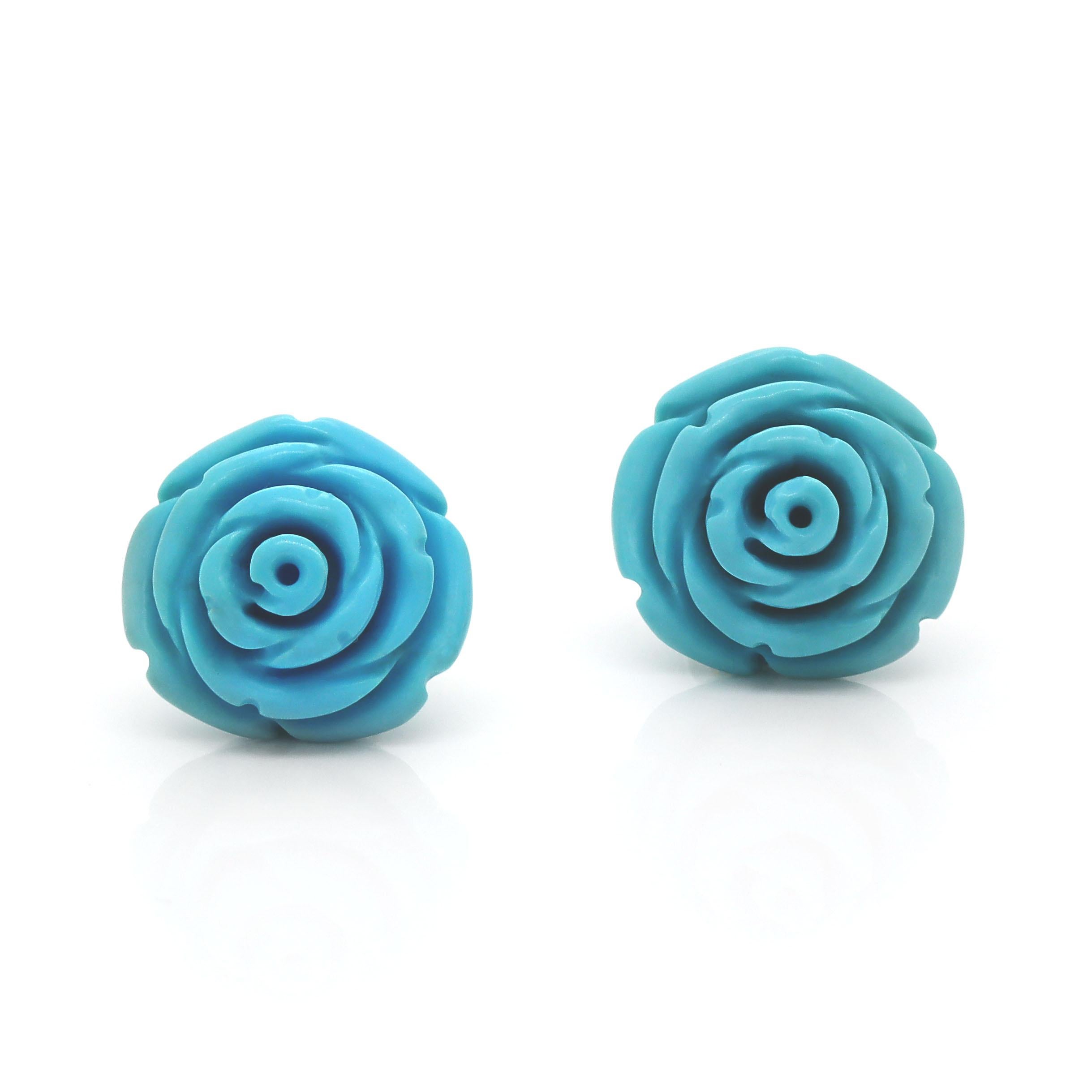 18CT Yellow Gold Carved Rose Turquoise Earrings In New Condition For Sale In Sydney, NSW