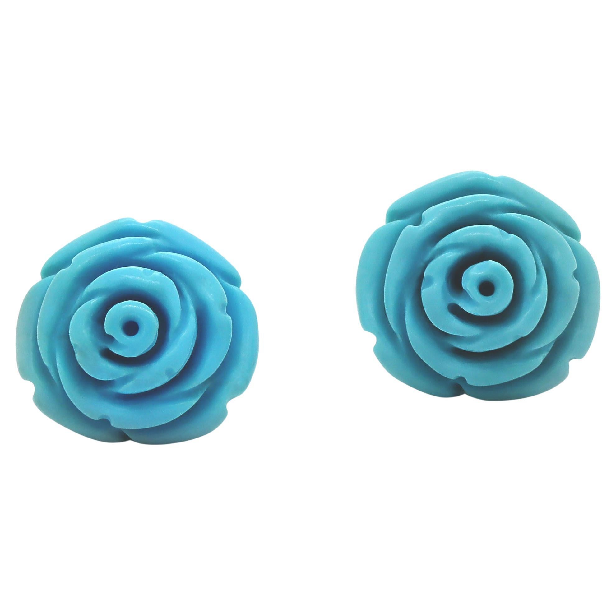 18CT Yellow Gold Carved Rose Turquoise Earrings