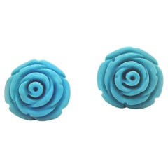 18CT Yellow Gold Carved Rose Turquoise Earrings