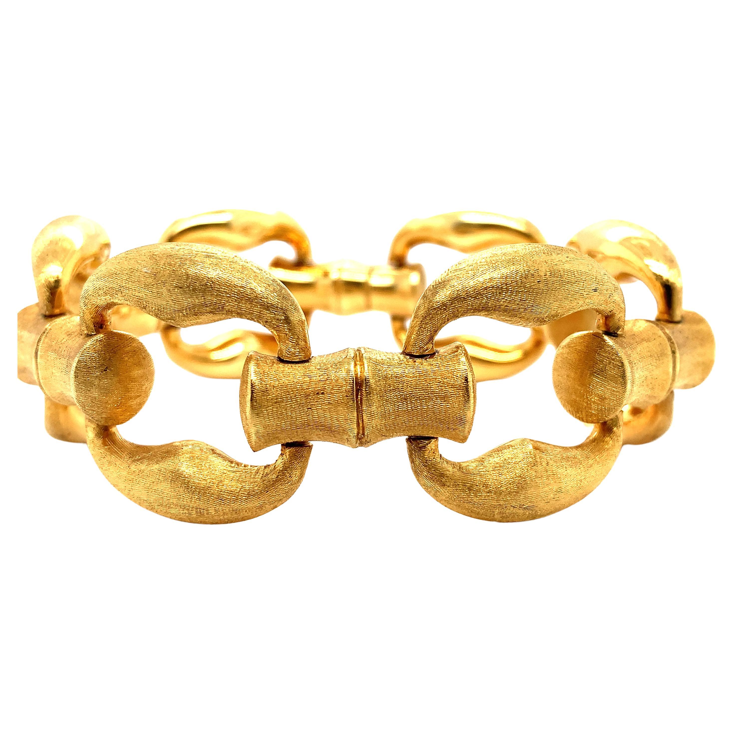 18ct Yellow gold chunky art deco reversible bamboo style chain bracelet  For Sale