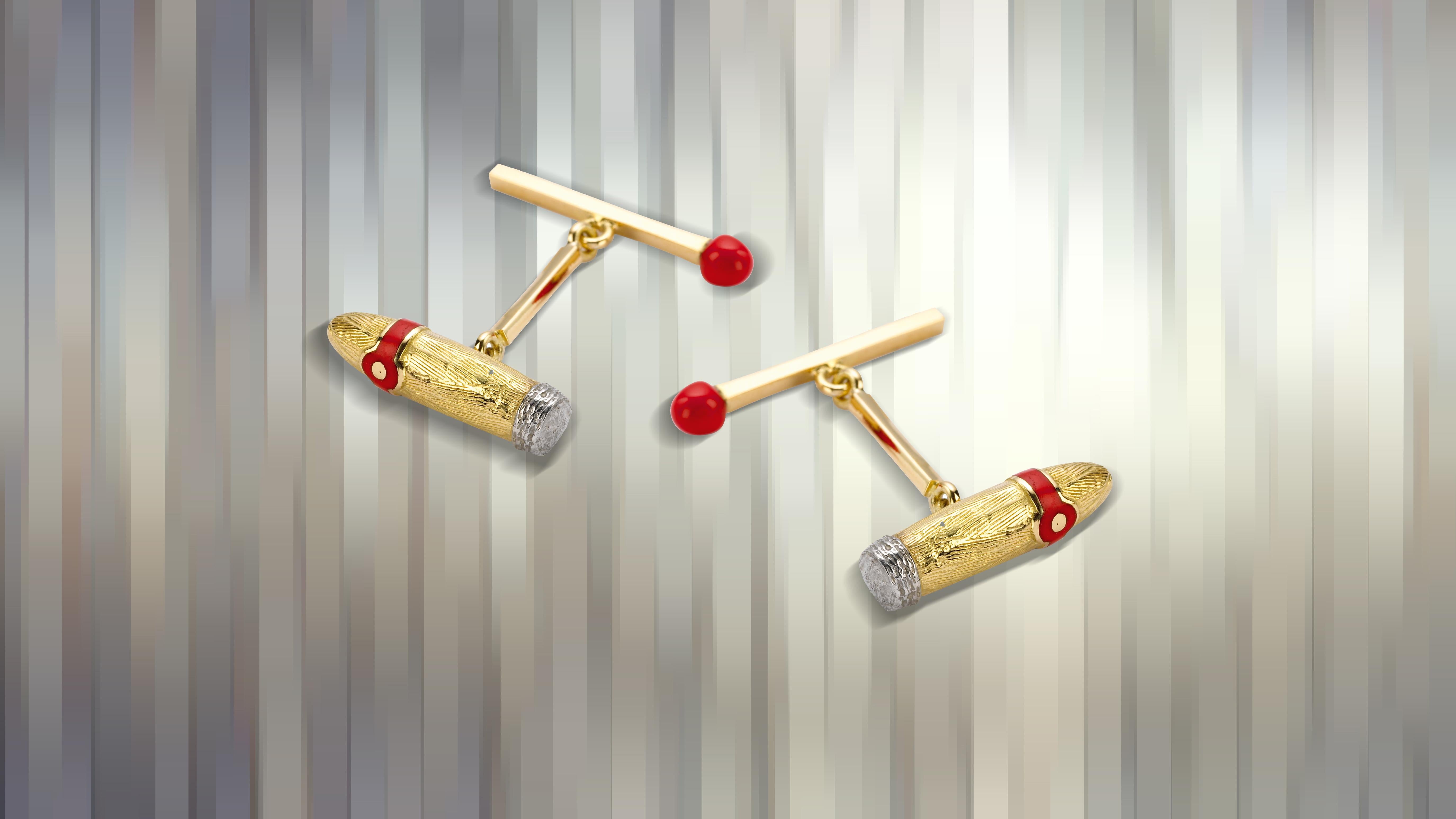DEAKIN & FRANCIS, Piccadilly Arcade, London

For the connoisseurs who know the joy of a fine cigar chased with a tot of whisky, the 18ct yellow gold Cigar & Match Cufflinks from Deakin & Francis are the ideal accessory. 
Handcrafted in the English