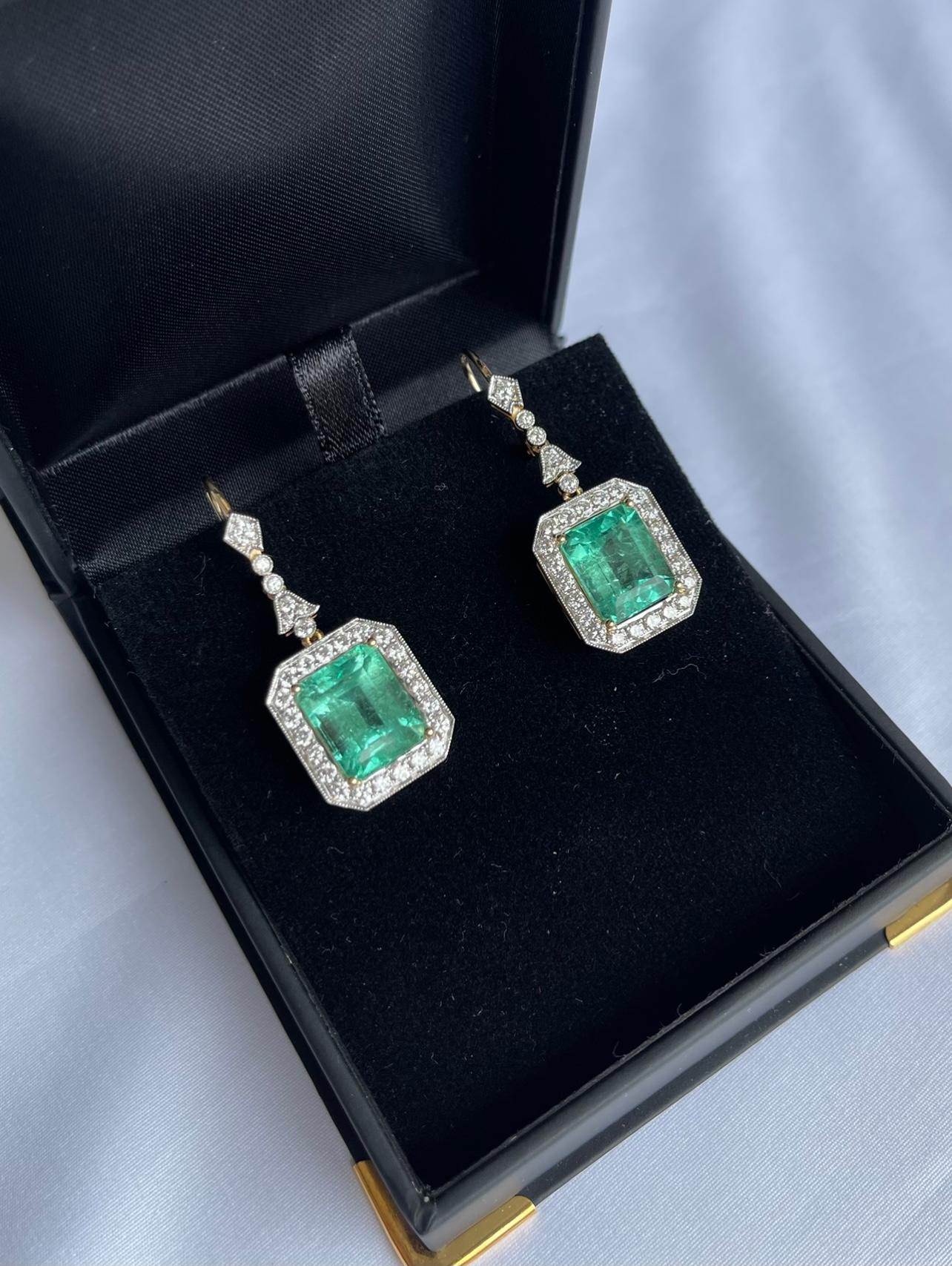Emerald Cut 18CT Yellow Gold Emerald and Diamond Earrings For Sale