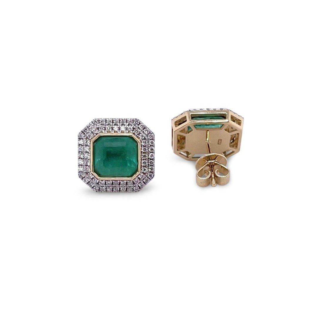 Contemporary 18CT Yellow Gold Emerald and Diamond Stud Earrings For Sale