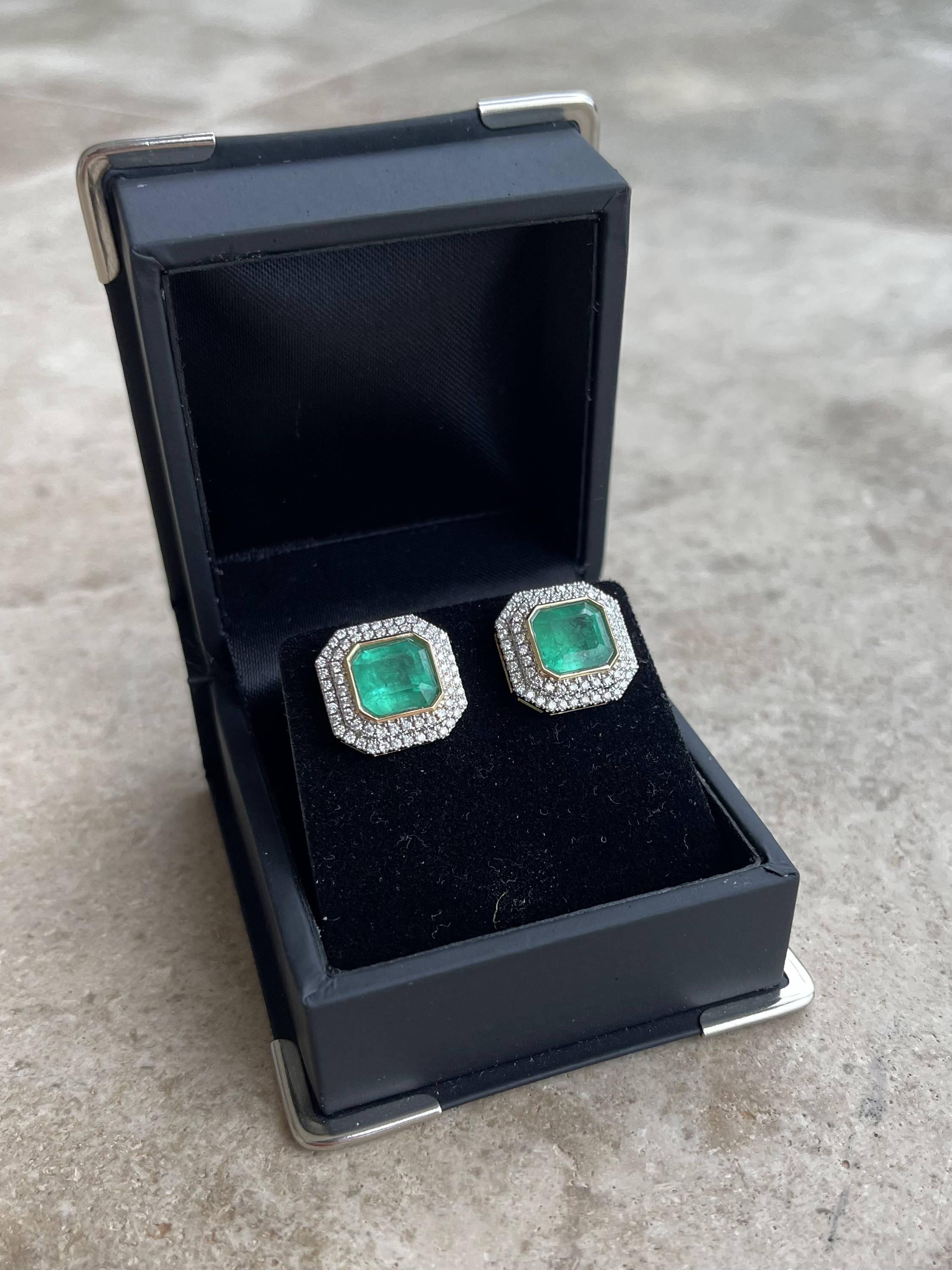 Women's 18CT Yellow Gold Emerald and Diamond Stud Earrings For Sale