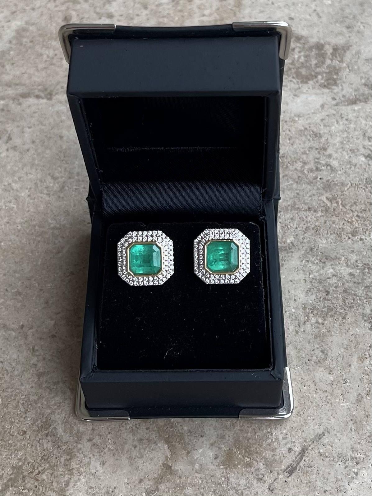 Emerald Cut 18CT Yellow Gold Emerald and Diamond Stud Earrings For Sale
