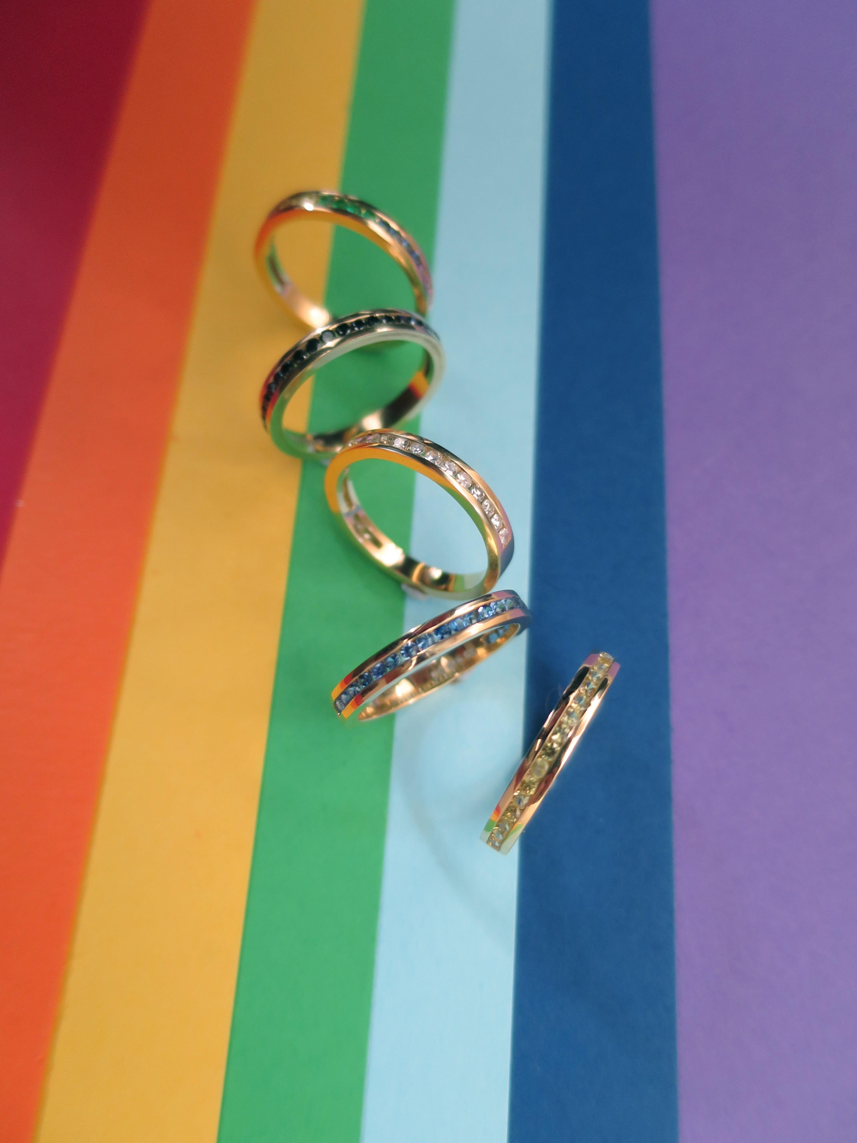 Round Cut 18ct Yellow Gold, Colored Sapphire and Emerald 'Rainbow' Eternity Ring For Sale