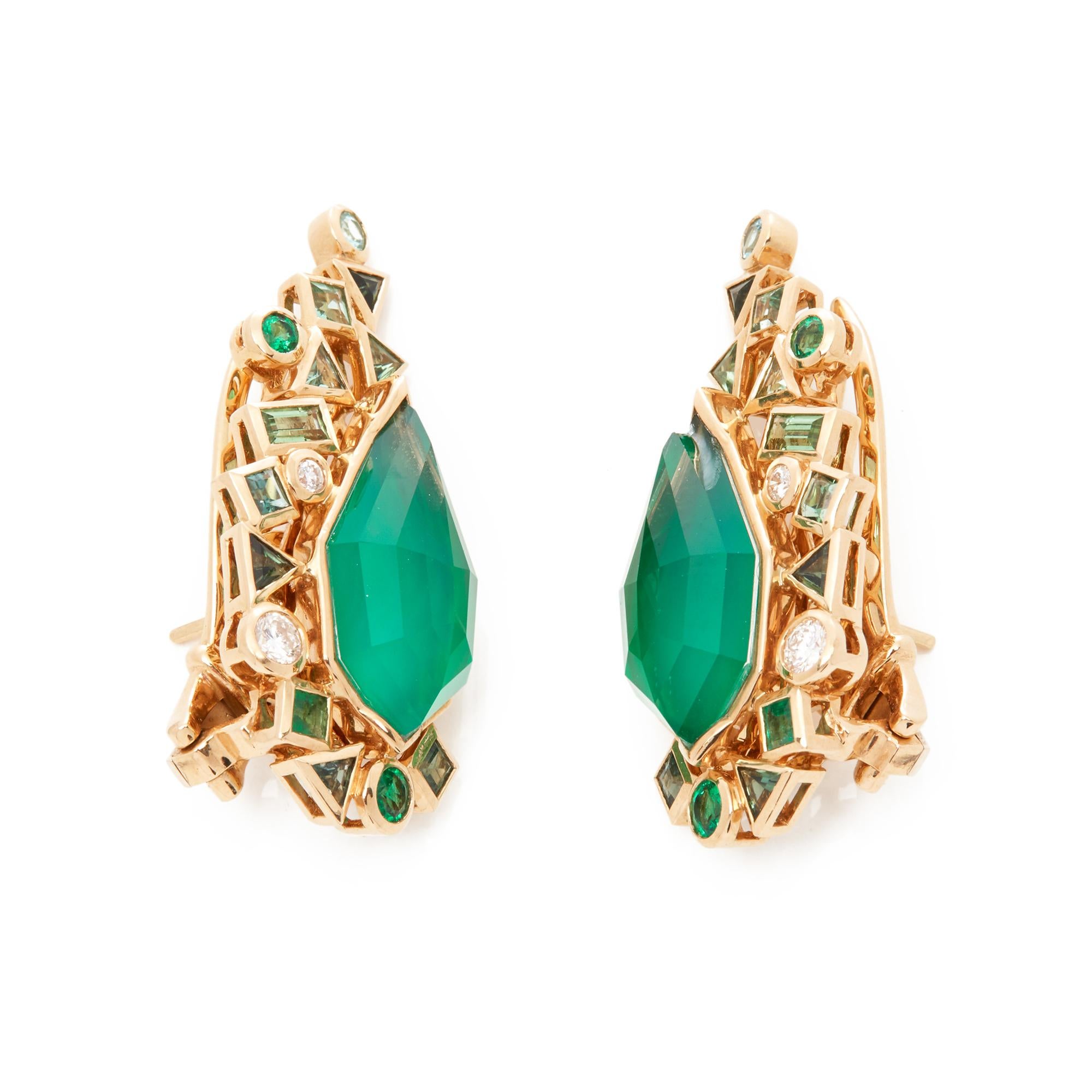 Contemporary 18ct Yellow Gold Crystal Haze Gold Struck Green Agate Earrings For Sale