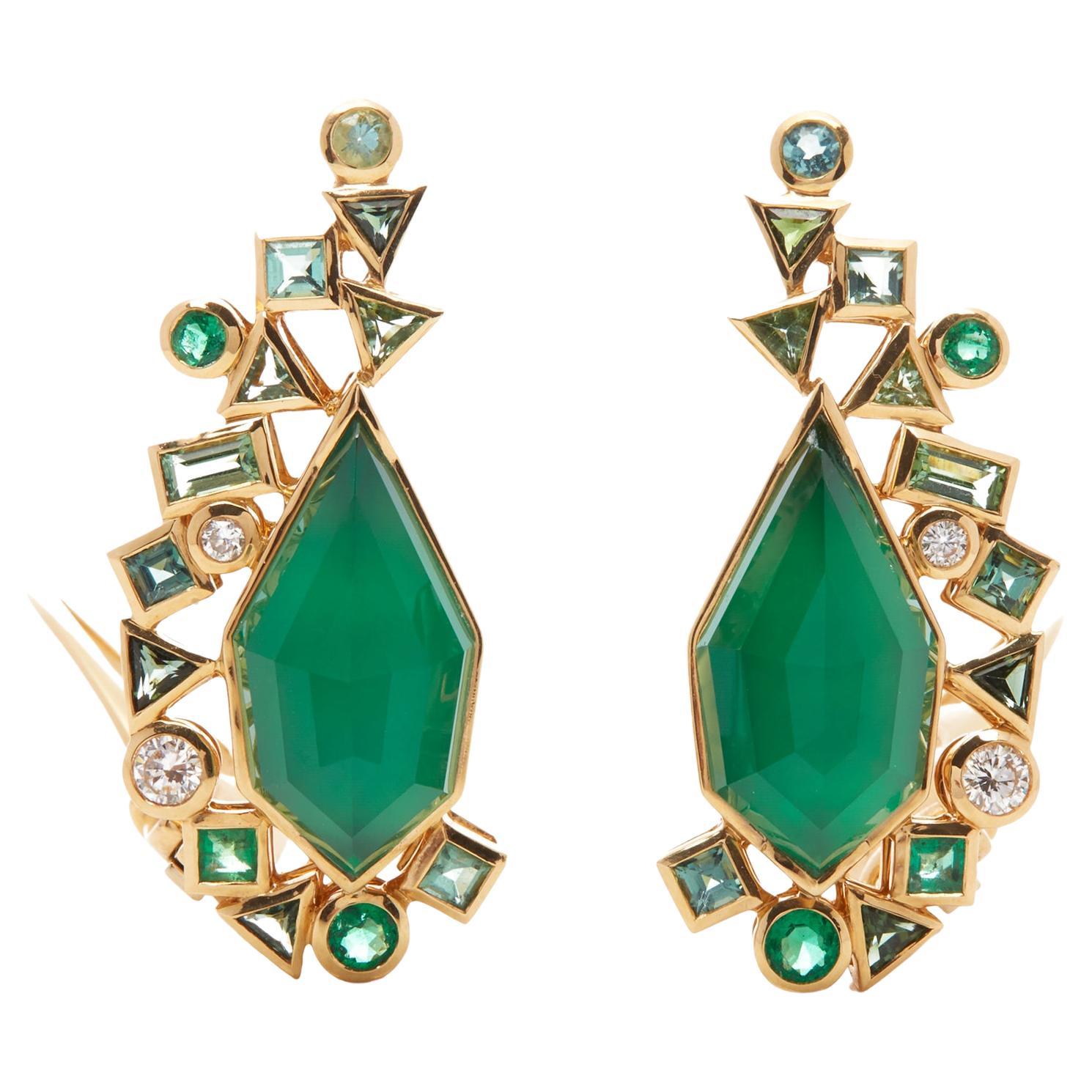 18ct Yellow Gold Crystal Haze Gold Struck Green Agate Earrings For Sale