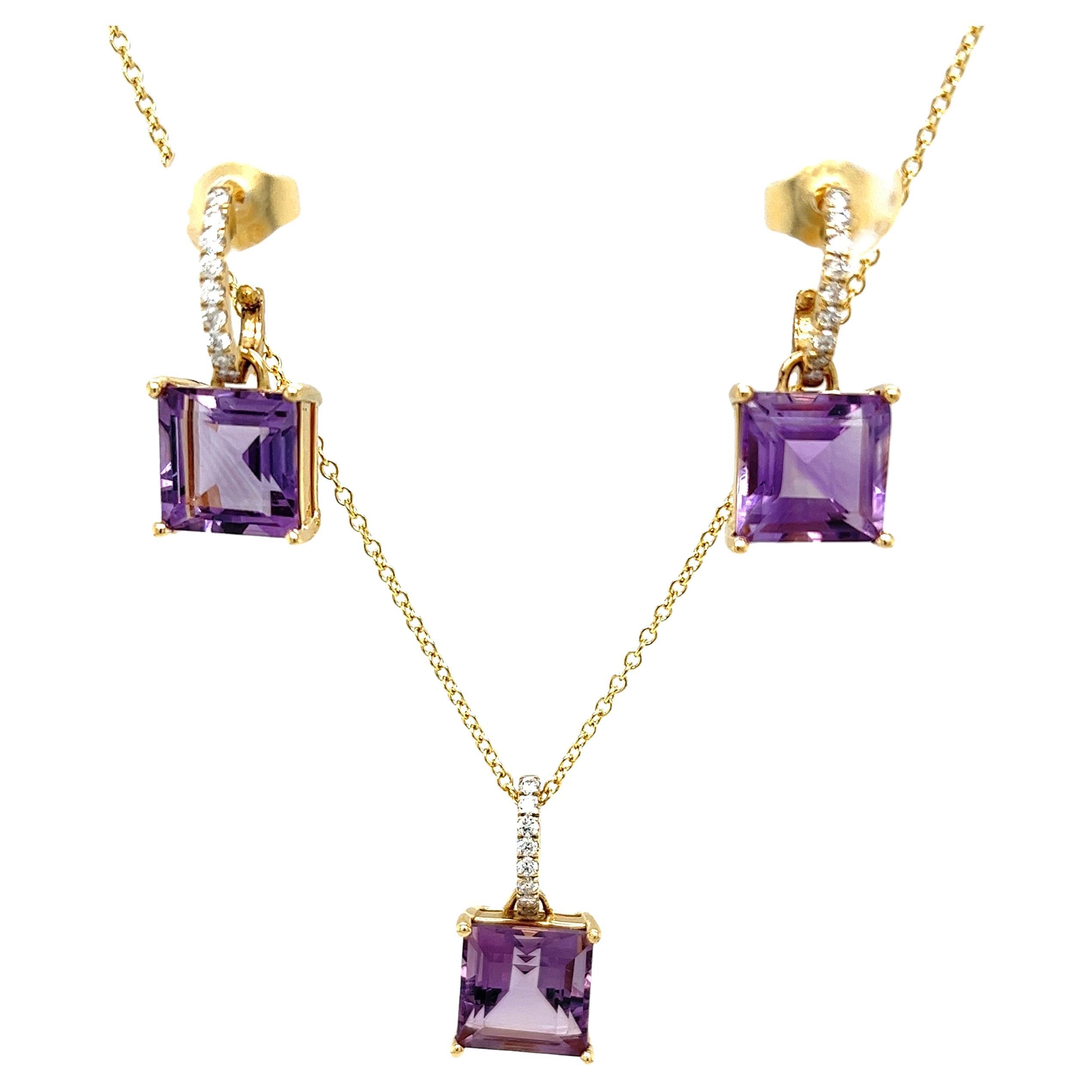 18ct Yellow Gold Diamond & Amethyst Necklace & Earrings Set For Sale