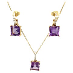 18ct Yellow Gold Diamond & Amethyst Necklace & Earrings Set