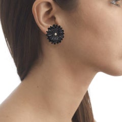18 Carat Yellow Gold, Diamond and Hand Carved Onyx Daisy Flower Earrings