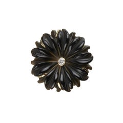 18ct Yellow Gold, Diamond and Hand Carved Onyx Daisy Flower Ring