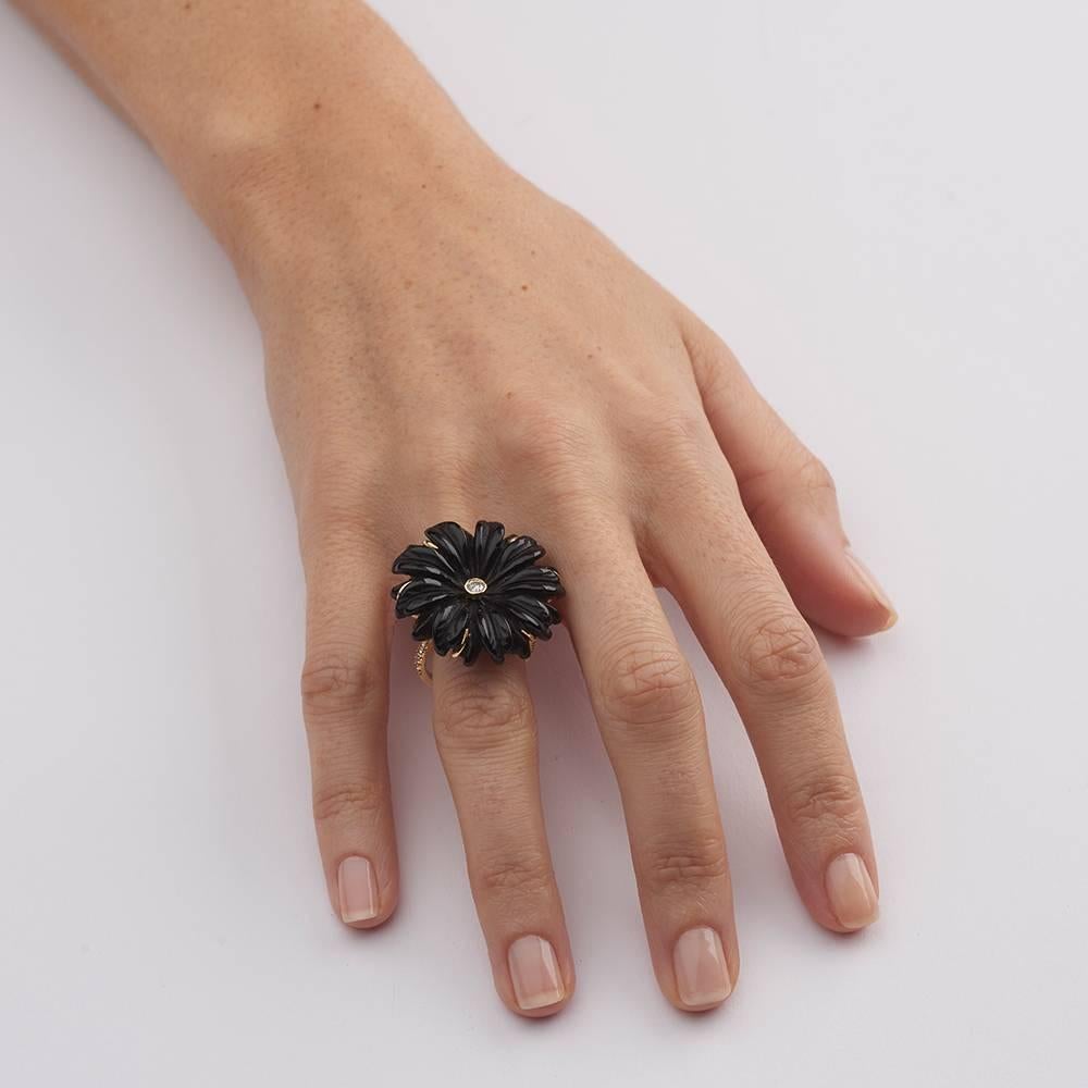 Contemporary 18ct Yellow Gold, Diamond and Hand Carved Onyx Daisy Flower Ring For Sale