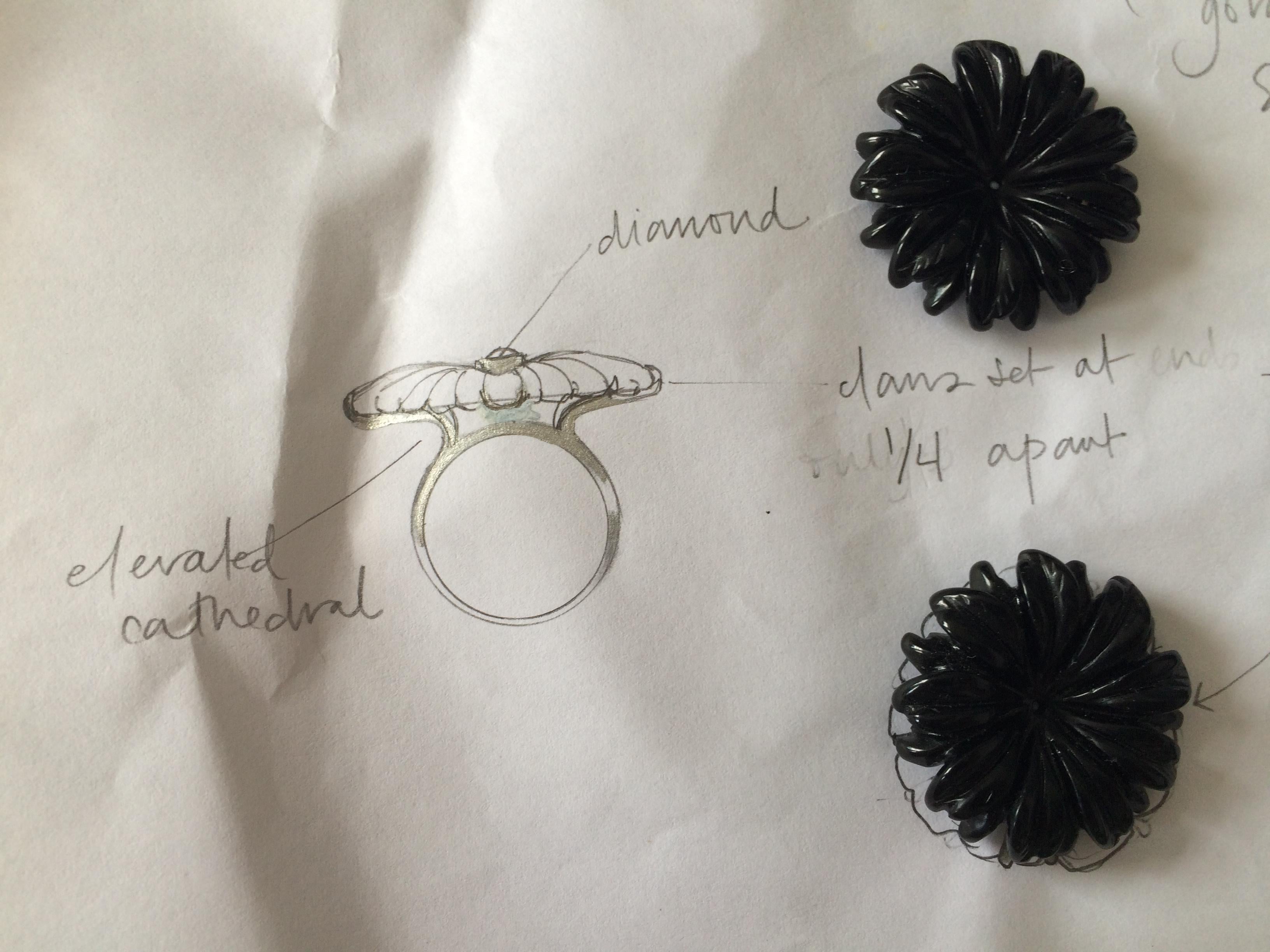 18ct Yellow Gold, Diamond and Hand Carved Onyx Daisy Flower Ring For Sale 9