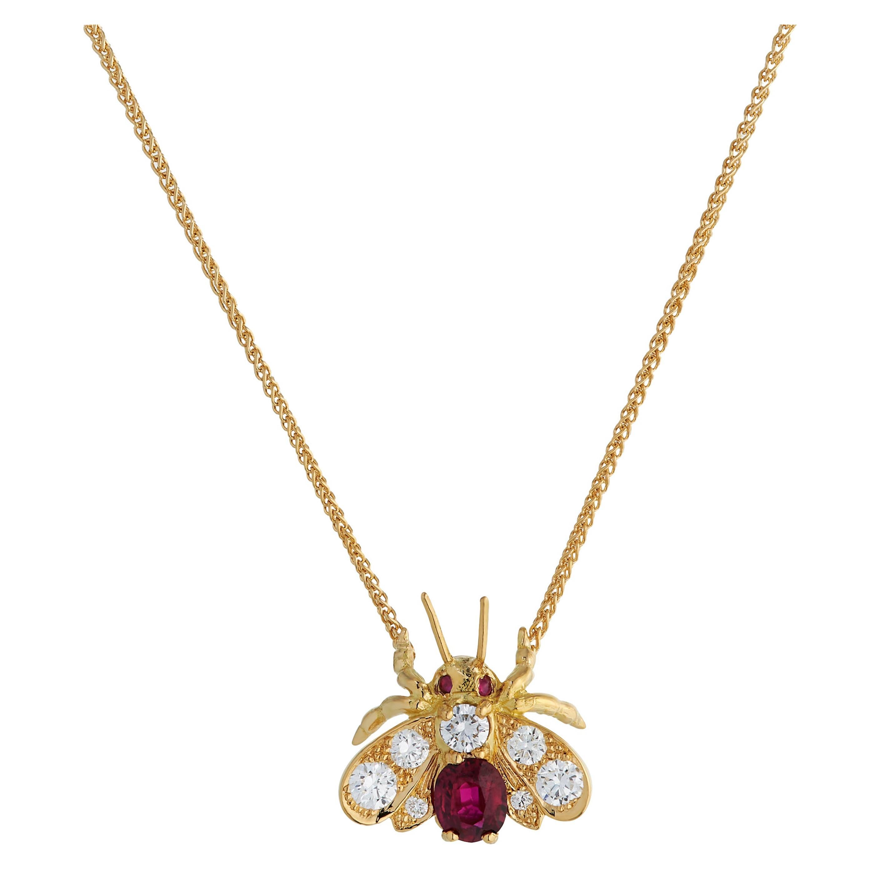 18ct Yellow Gold Diamond and Ruby Bug Pendant For Sale