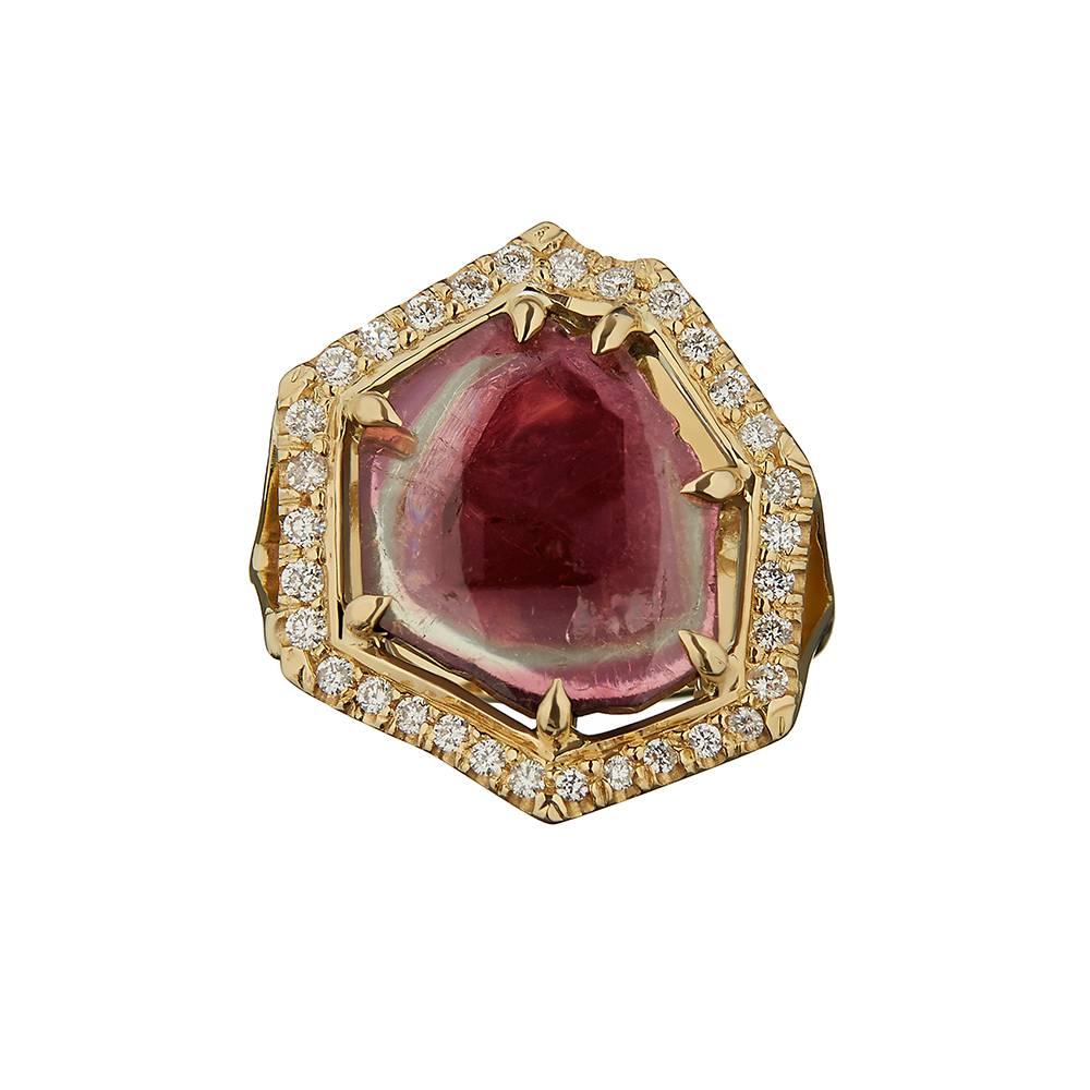 18ct yellow gold, diamond and watermelon tourmaline ring
Hallmarked
One-of-a-kind
UK Size O

This mesmerising cocktail ring is hand crafted in 18ct yellow gold and set with brilliant white diamonds and a slice of watermelon tourmaline. Inspired by