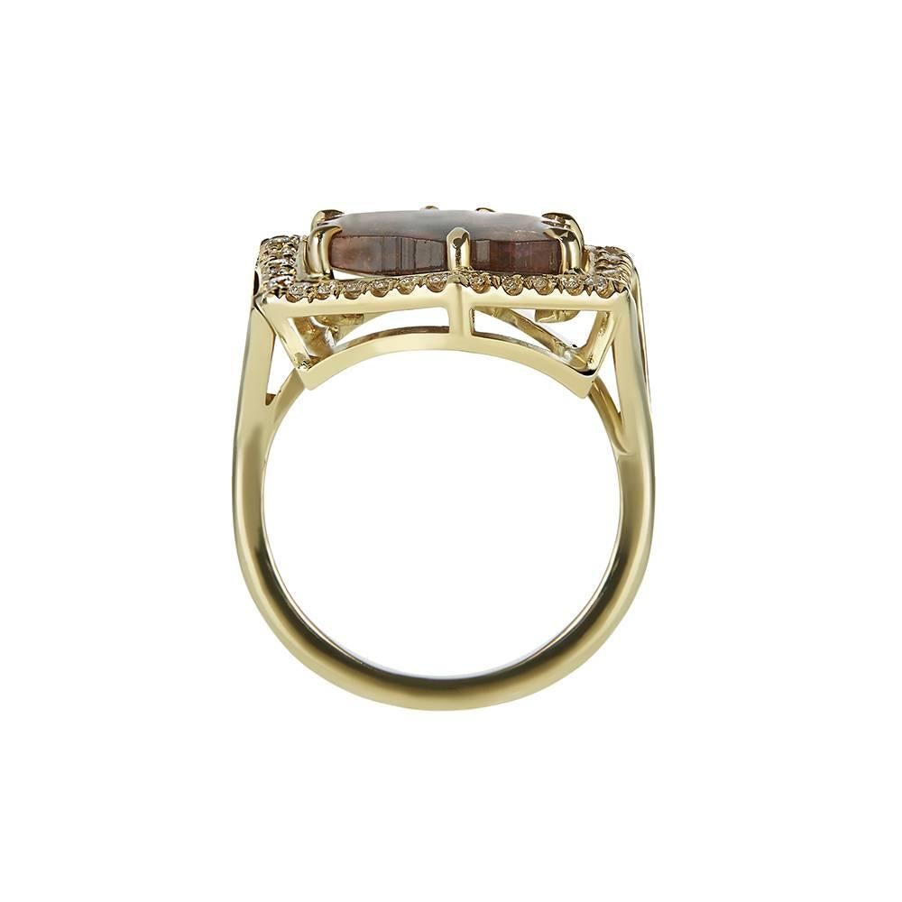 Contemporary 18ct Yellow Gold, Diamond and Watermelon Tourmaline Slice Cocktail Ring For Sale
