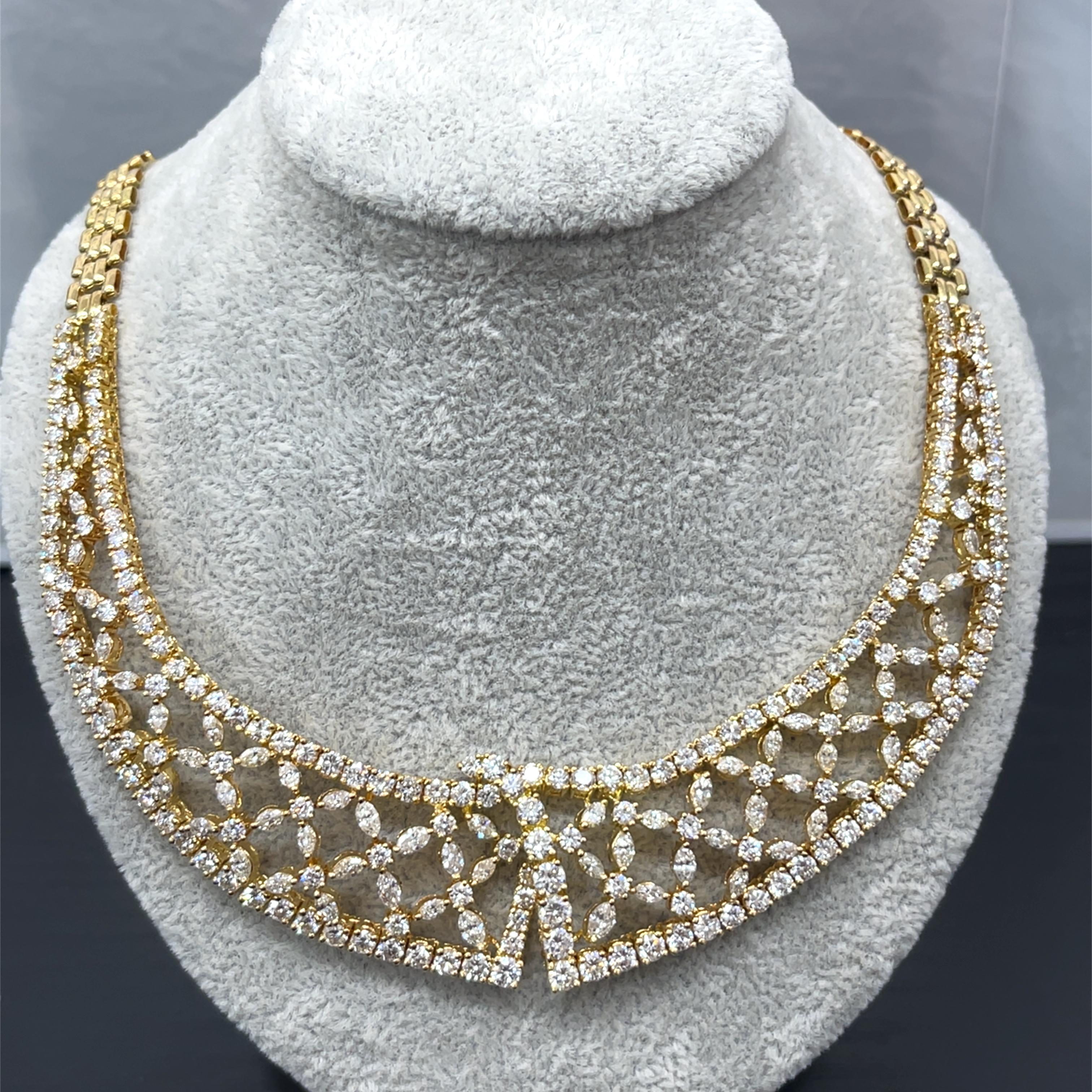 Taille ronde Collier Colarette en or jaune 18 carats, diamants ronds et marquises 23,79 carats en vente