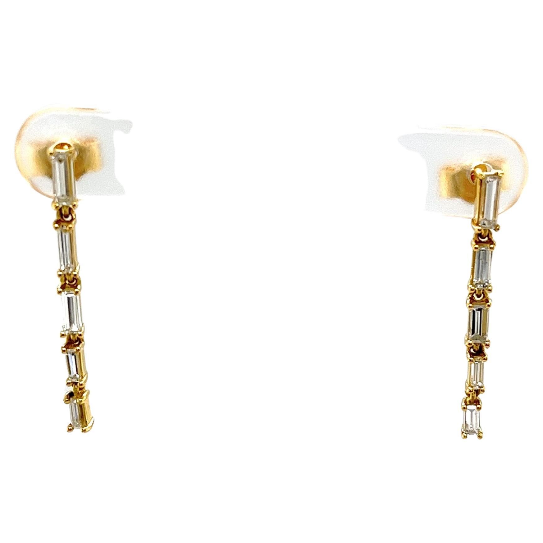 18ct Yellow Gold Diamond Drop Earrings Set With 0.65ct Natural Baguette Diamonds