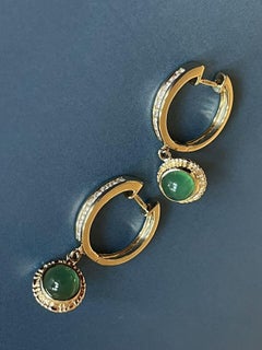 18ct Yellow Gold Diamond Emerald Earrings Drop Hoops Cabochon Channel set