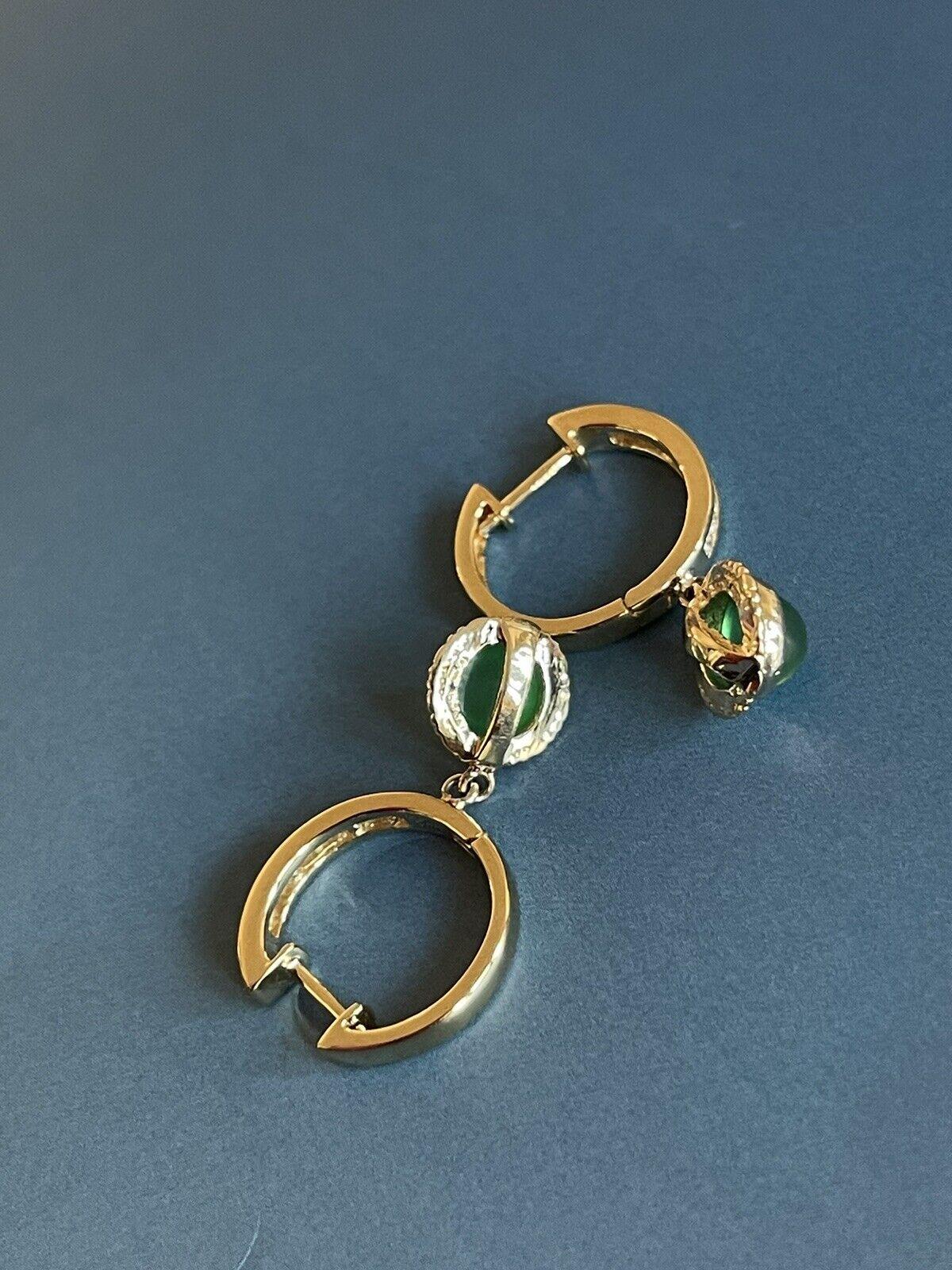 18ct Yellow Gold Diamond Emerald Earrings Drop Hoops Cabochon Channel set In New Condition For Sale In Ilford, GB