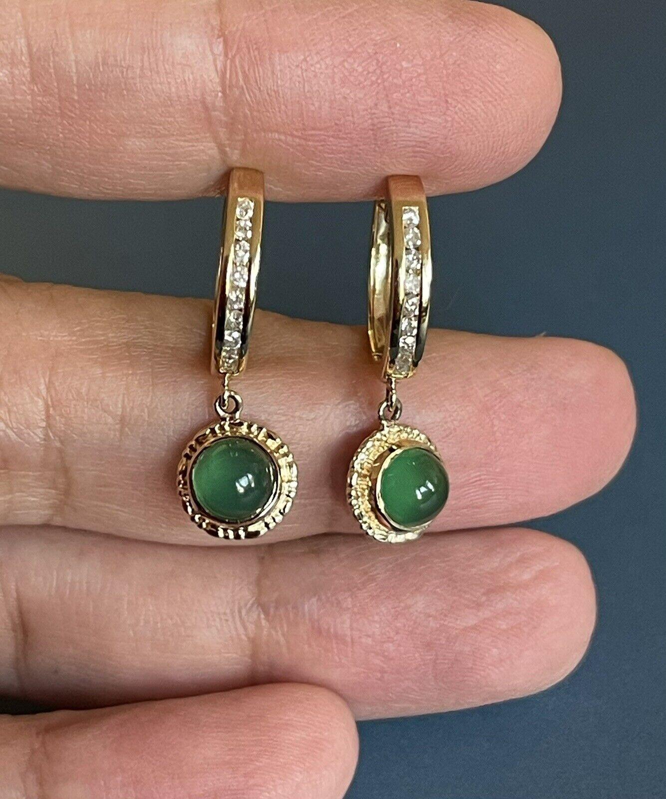 Women's 18ct Yellow Gold Diamond Emerald Earrings Drop Hoops Cabochon Channel set For Sale