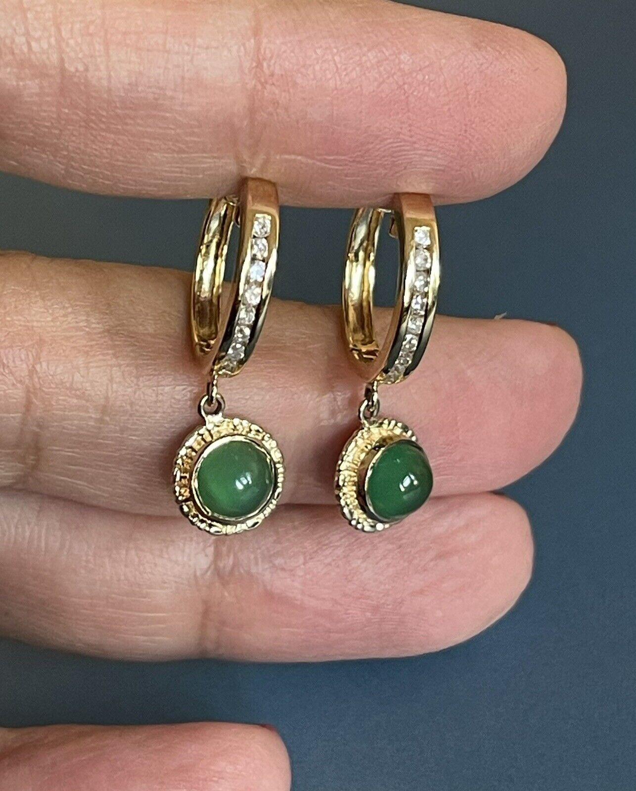 18ct Yellow Gold Diamond Emerald Earrings Drop Hoops Cabochon Channel set For Sale 1