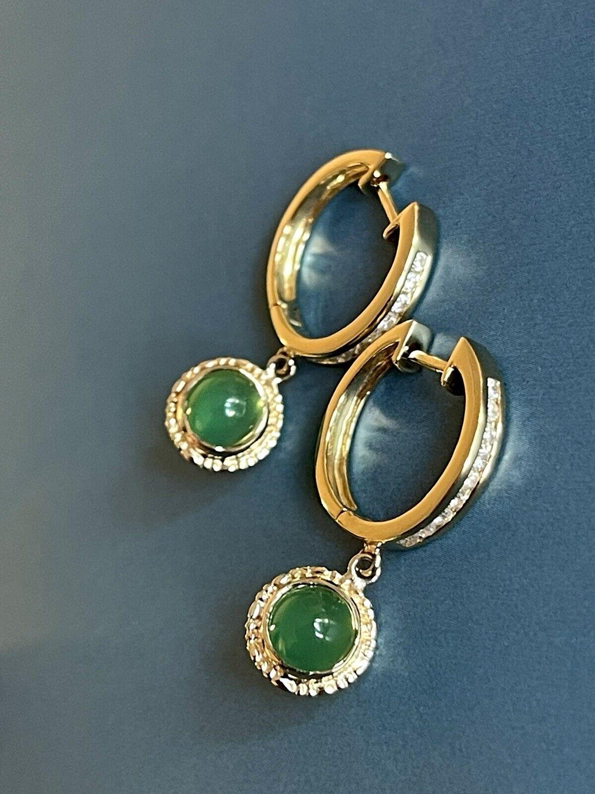 18ct Yellow Gold Diamond Emerald Earrings Drop Hoops Cabochon Channel set For Sale 2