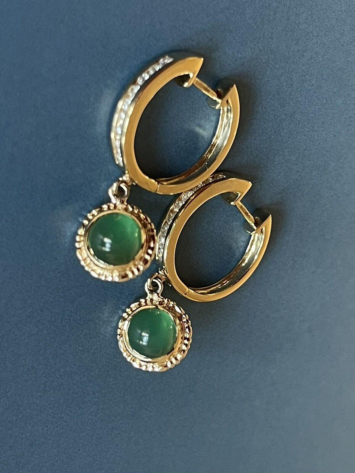 18ct Yellow Gold Diamond Emerald Earrings Drop Hoops Cabochon Channel set For Sale 3