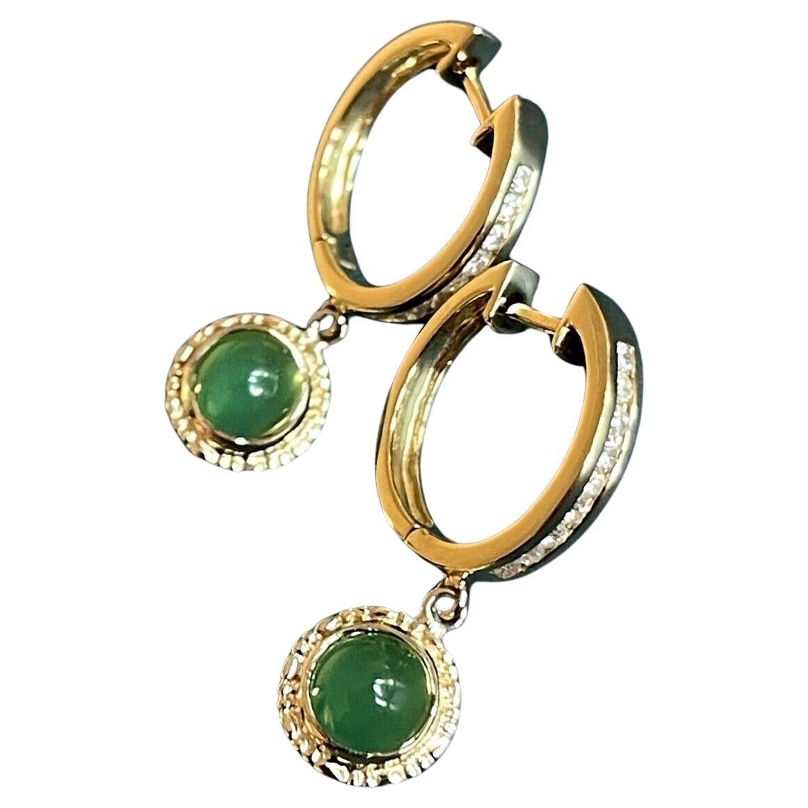 18ct Yellow Gold Diamond Emerald Earrings Drop Hoops Cabochon Channel set For Sale