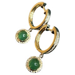 18ct Yellow Gold Diamond Emerald Earrings Drop Hoops Cabochon Channel set