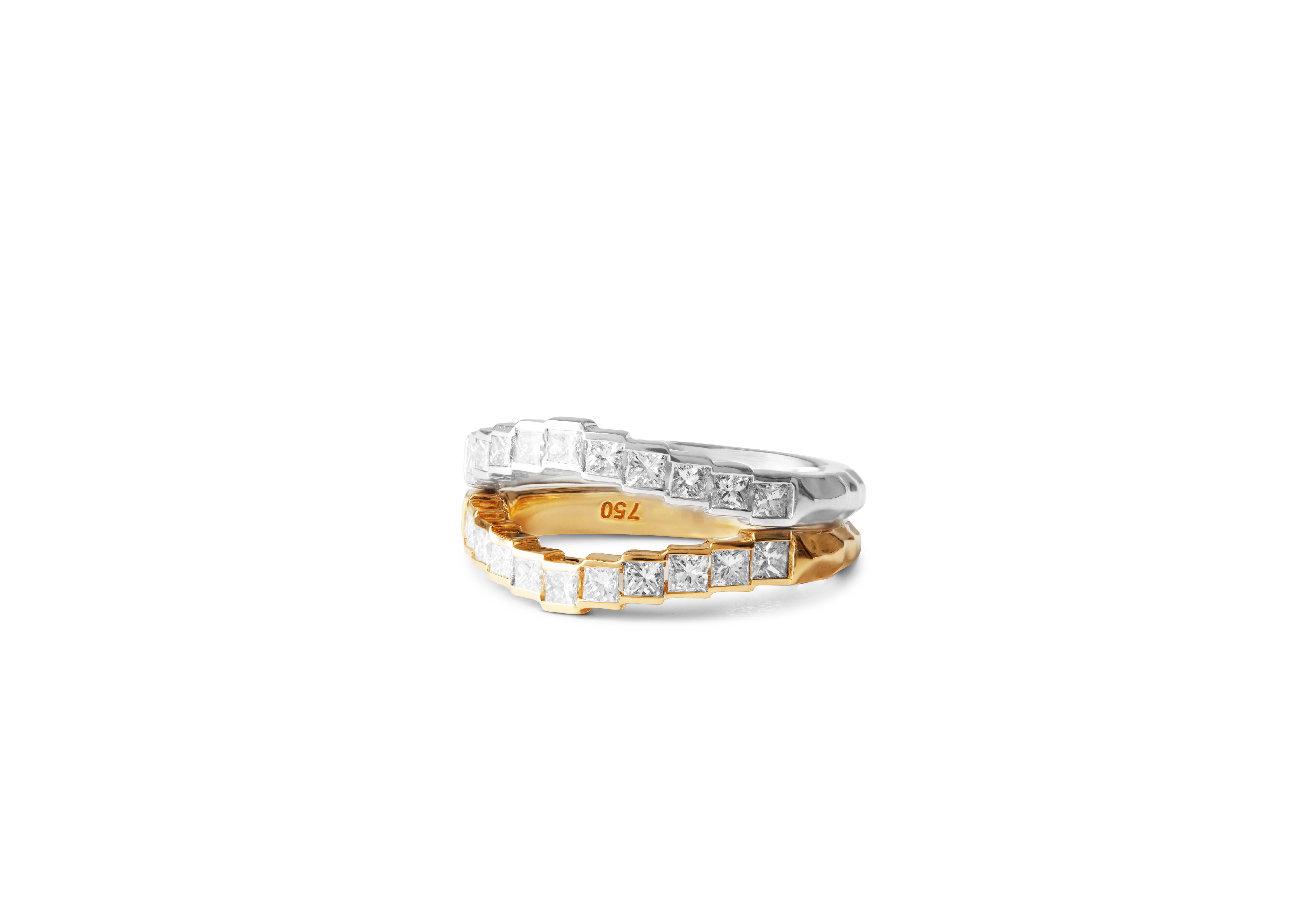 Princess Cut 18ct Yellow Gold & Diamond Kiss Eternity Ring For Sale