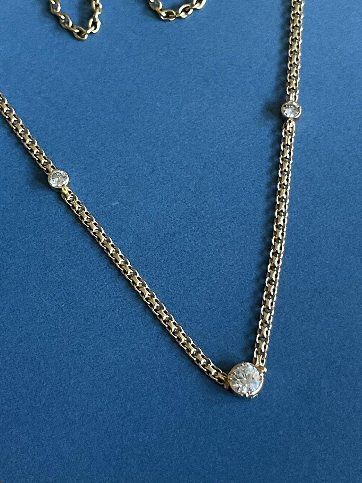

High jewellery designer piece right from heart of London Hatton Garden

17 inch long special woven chain fully embellished with SI clarity sparkling solitaire station diamonds totalling 0.70ct in bezel set

Hallmarked 750

At just under 5g, we’ll