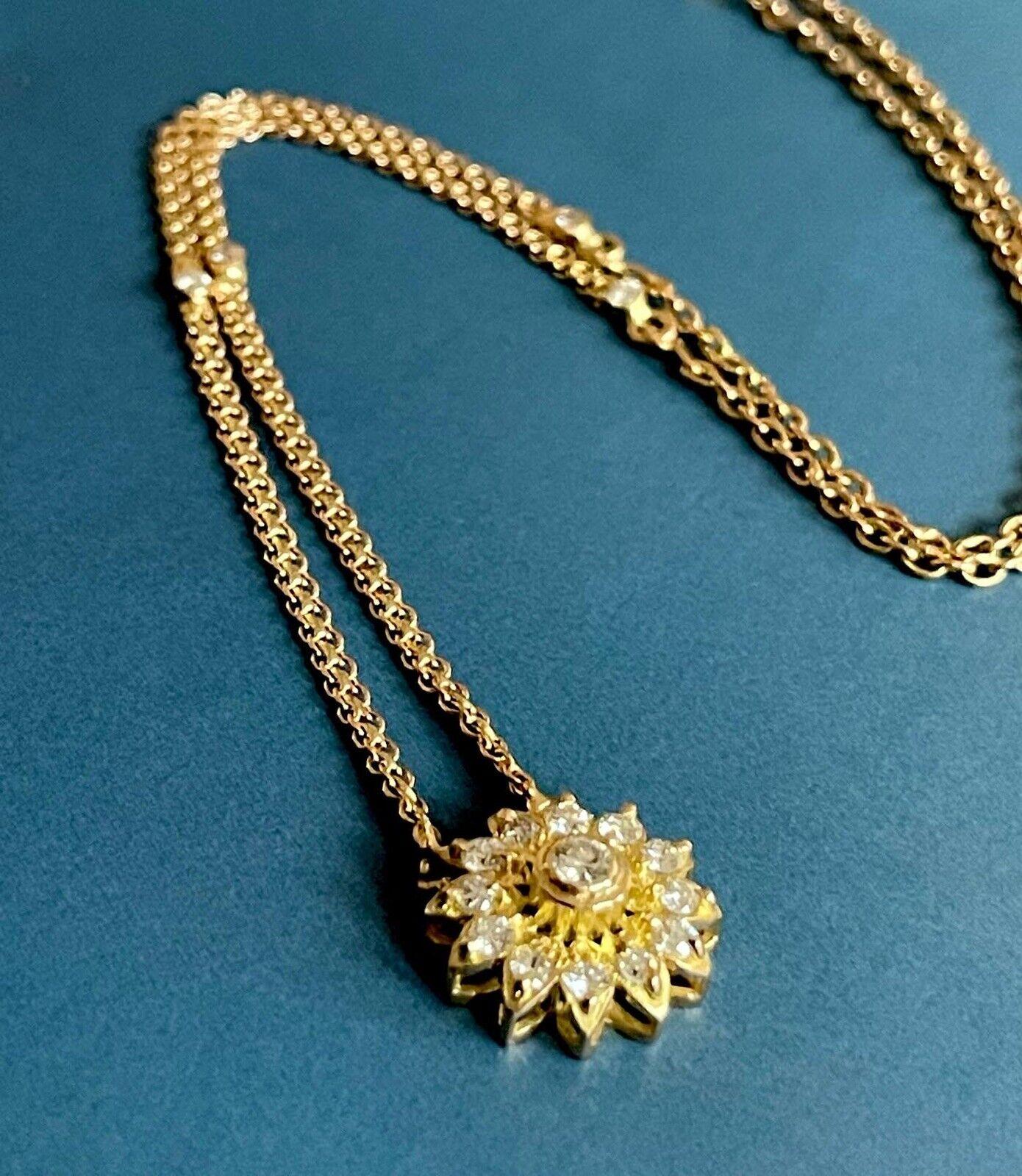 Women's 18ct Yellow Gold Diamond Necklace 0.80ct Sunflower pendant Near 1ct By The Yard For Sale