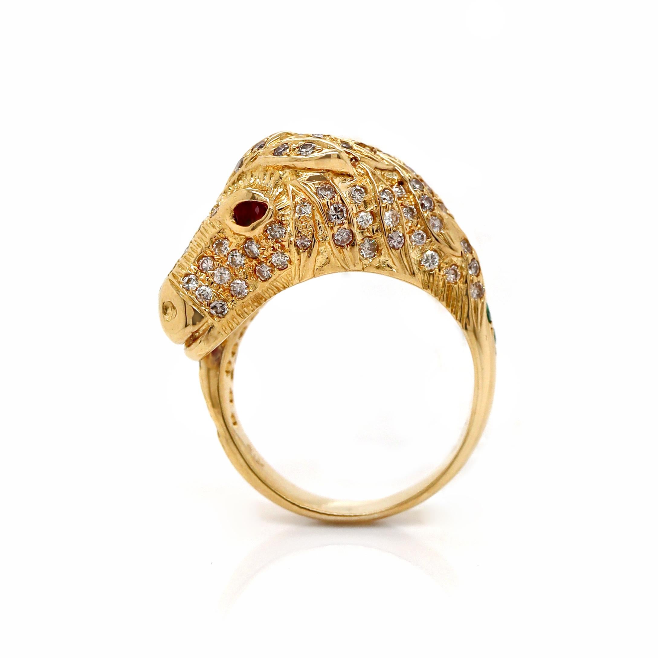 Round Cut 18ct Yellow Gold Diamond Ruby Emerald Horse Ring For Sale