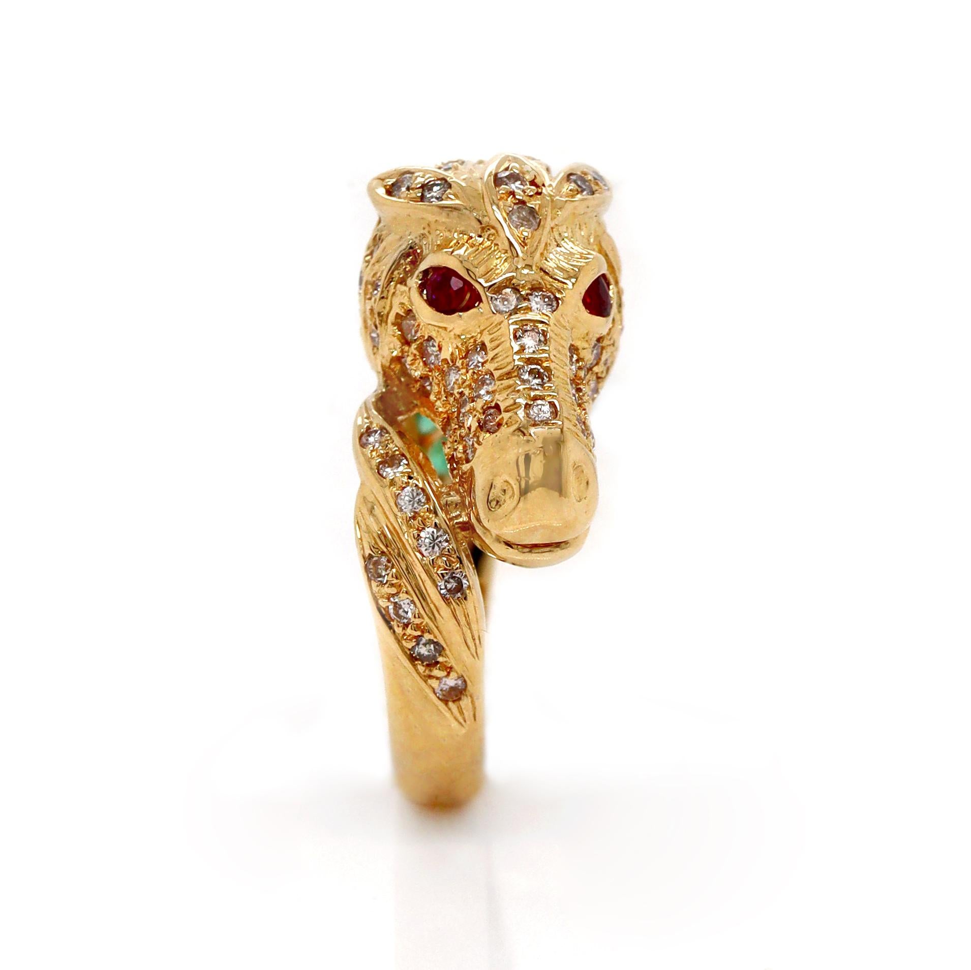 18ct Yellow Gold Diamond Ruby Emerald Horse Ring For Sale 1