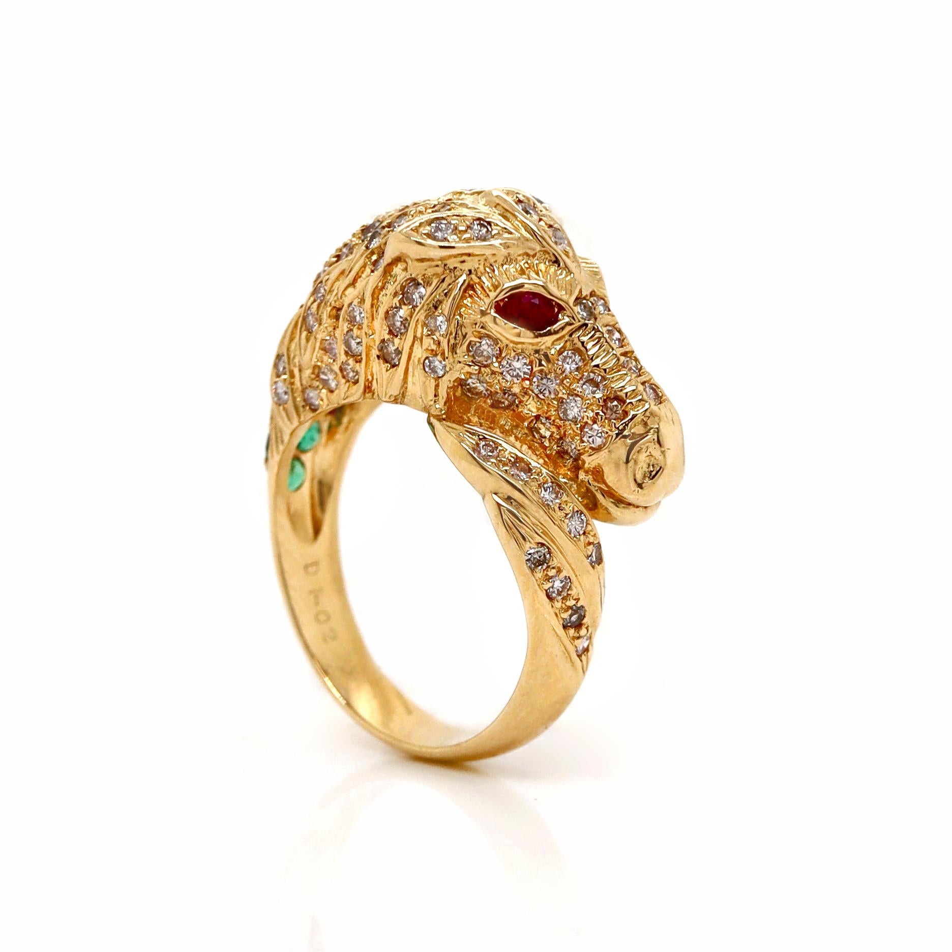 18ct Yellow Gold Diamond Ruby Emerald Horse Ring For Sale 4