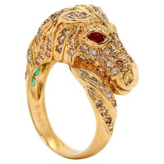 18ct Yellow Gold Diamond Ruby Emerald Horse Ring