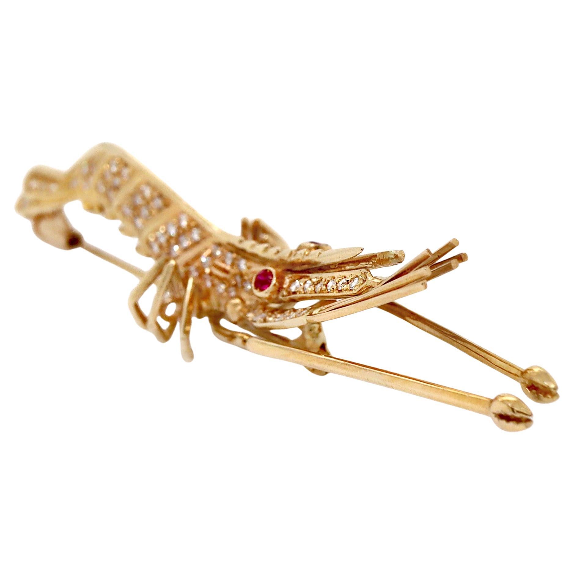 18 Karat Gelbgold Diamant & Rubin Krabbenbrosche