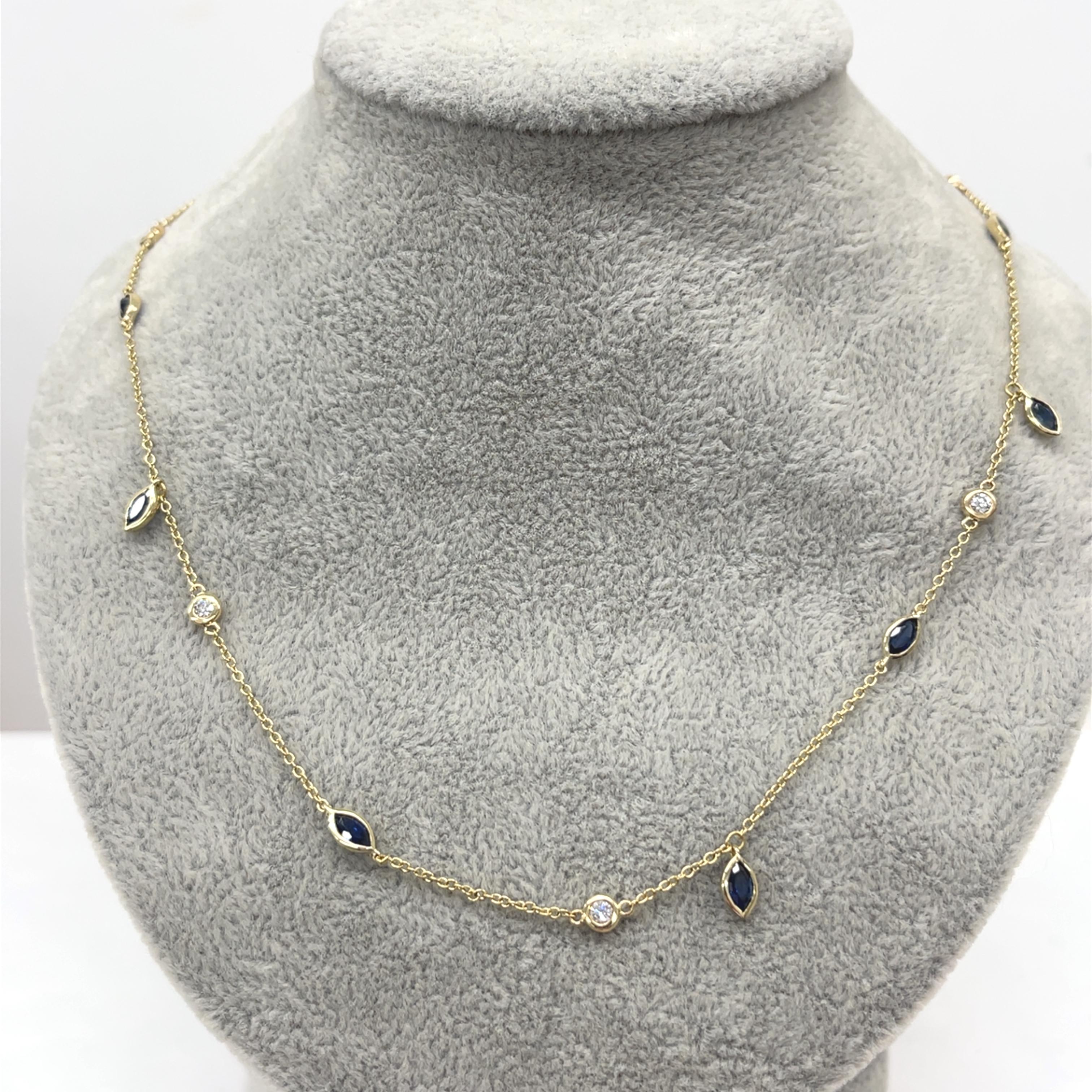 A stunning 18ct yellow gold necklace adorned with a captivating arrangement of diamonds and sapphires. 
Featuring vibrant natural sapphires complemented by dazzling diamonds, this necklace exudes timeless elegance and sophistication. 
Perfect for