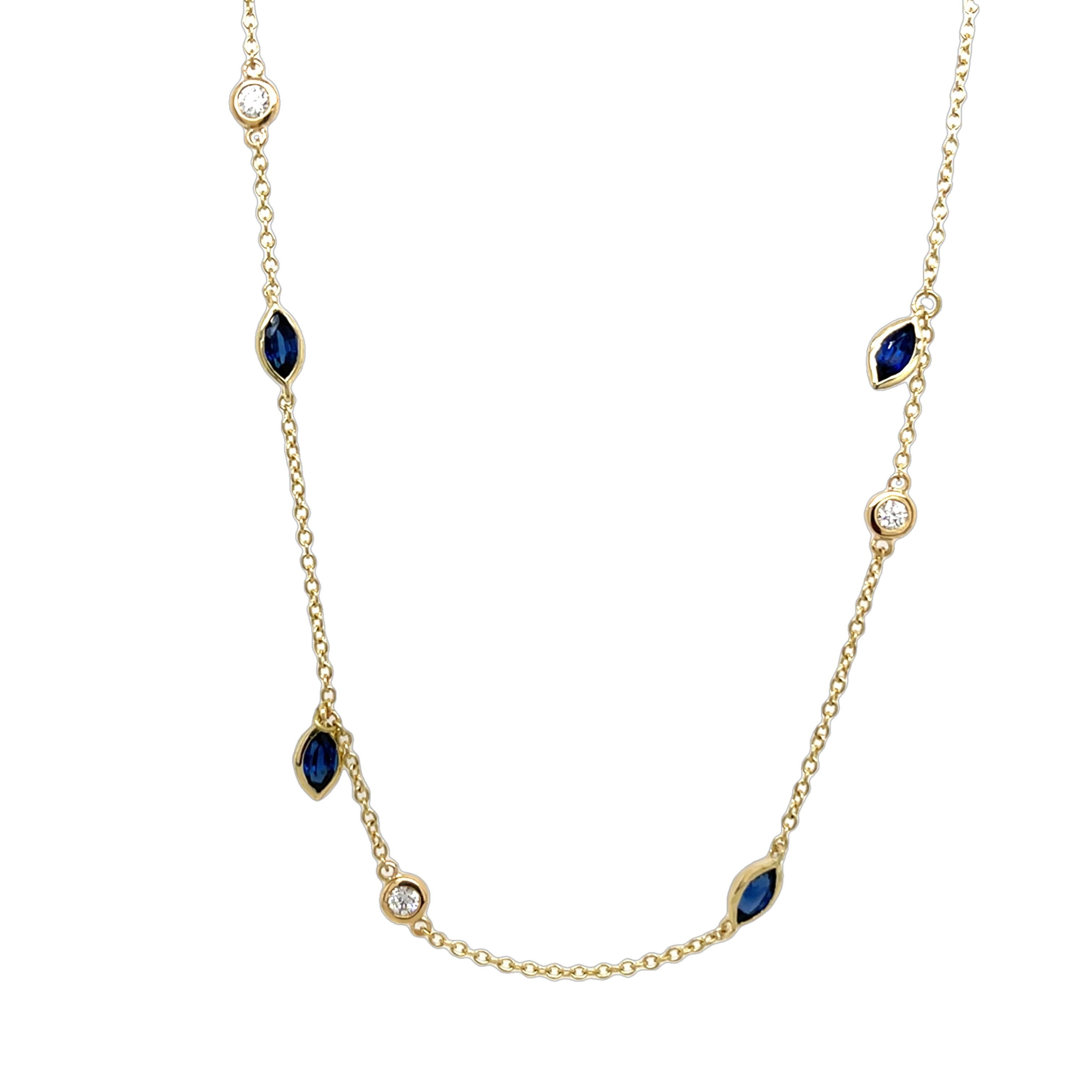 Round Cut 18ct Yellow Gold Diamond & Sapphire Necklace For Sale