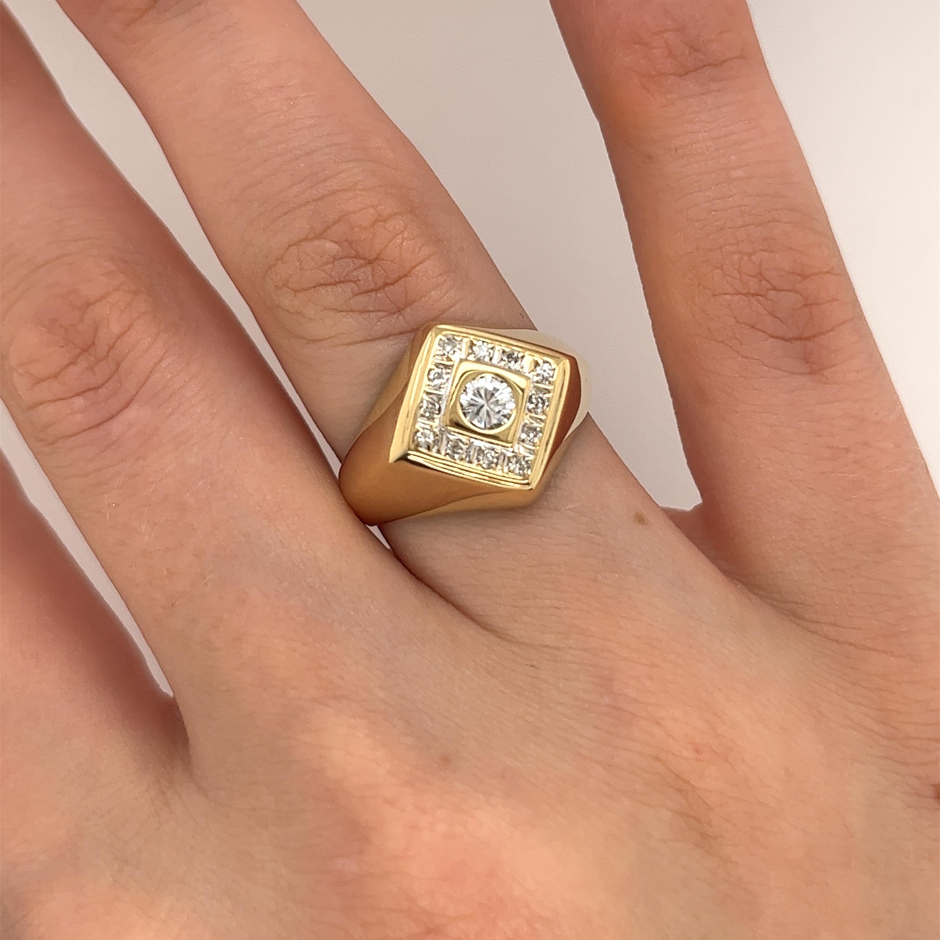 An elegant diamond dress/signet ring, set with 0.30ct round brilliant cut natural diamondsin 18ct yellow gold setting.

Total Diamond Weight: 0.30ct
Diamond Colour: G
Diamond Clarity: VSI1
Width of Band: 3mm
Width of Head: 13.20mm
Length of Head: