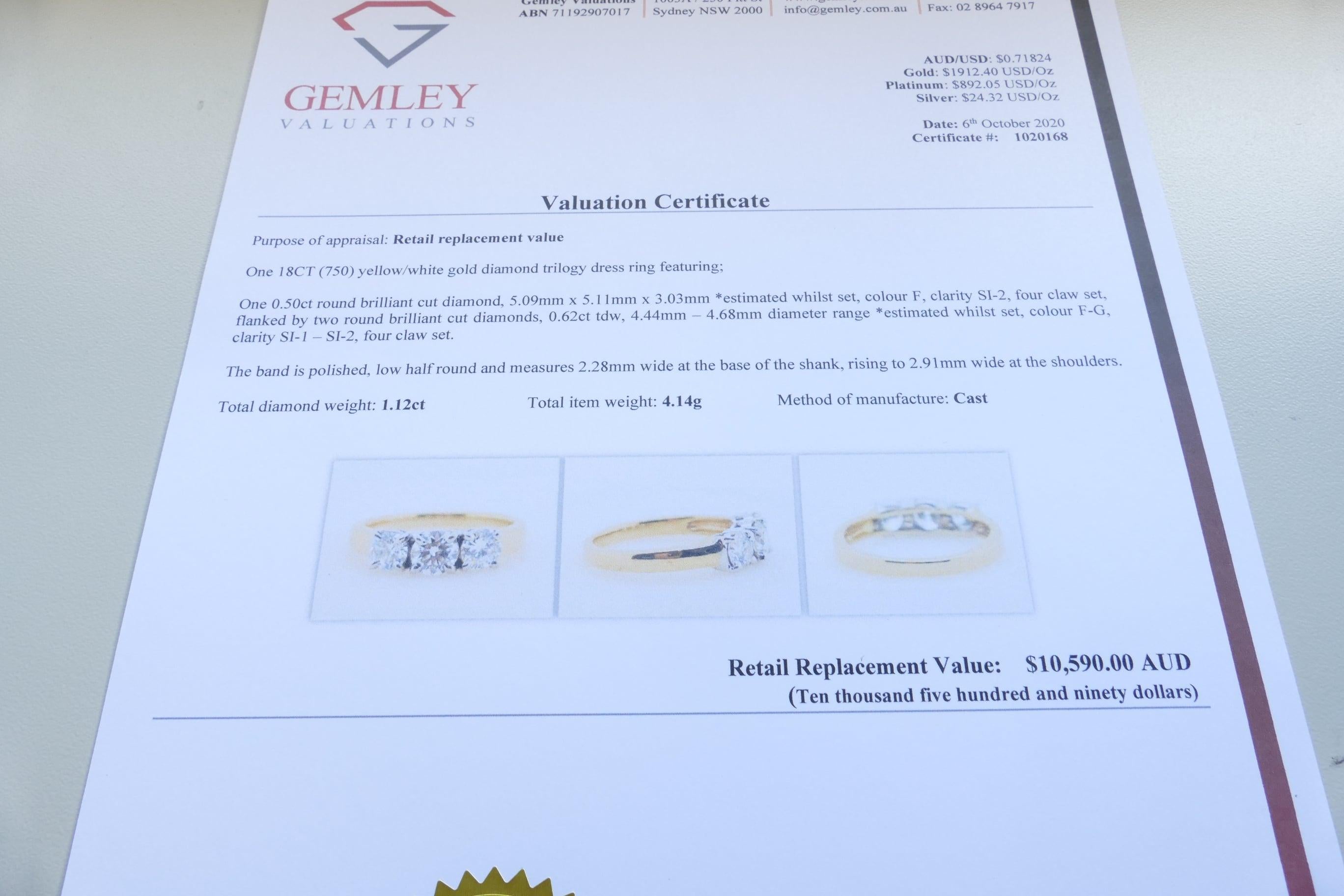 Women's or Men's 18 Carat Yellow Gold Diamond Trilogy Ring For Sale