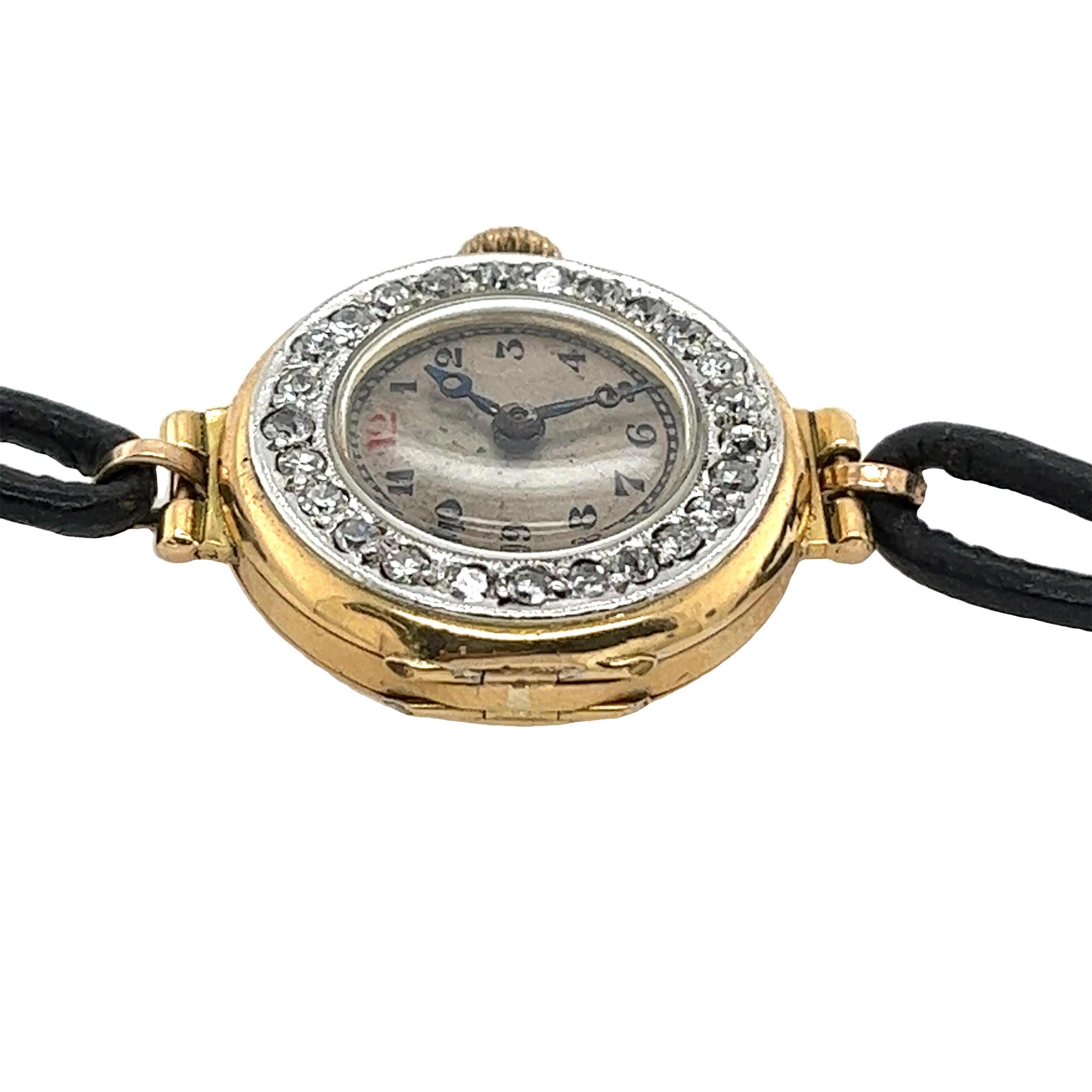 18ct Yellow Gold Diamond Watch with Leather Strap In Good Condition For Sale In London, GB