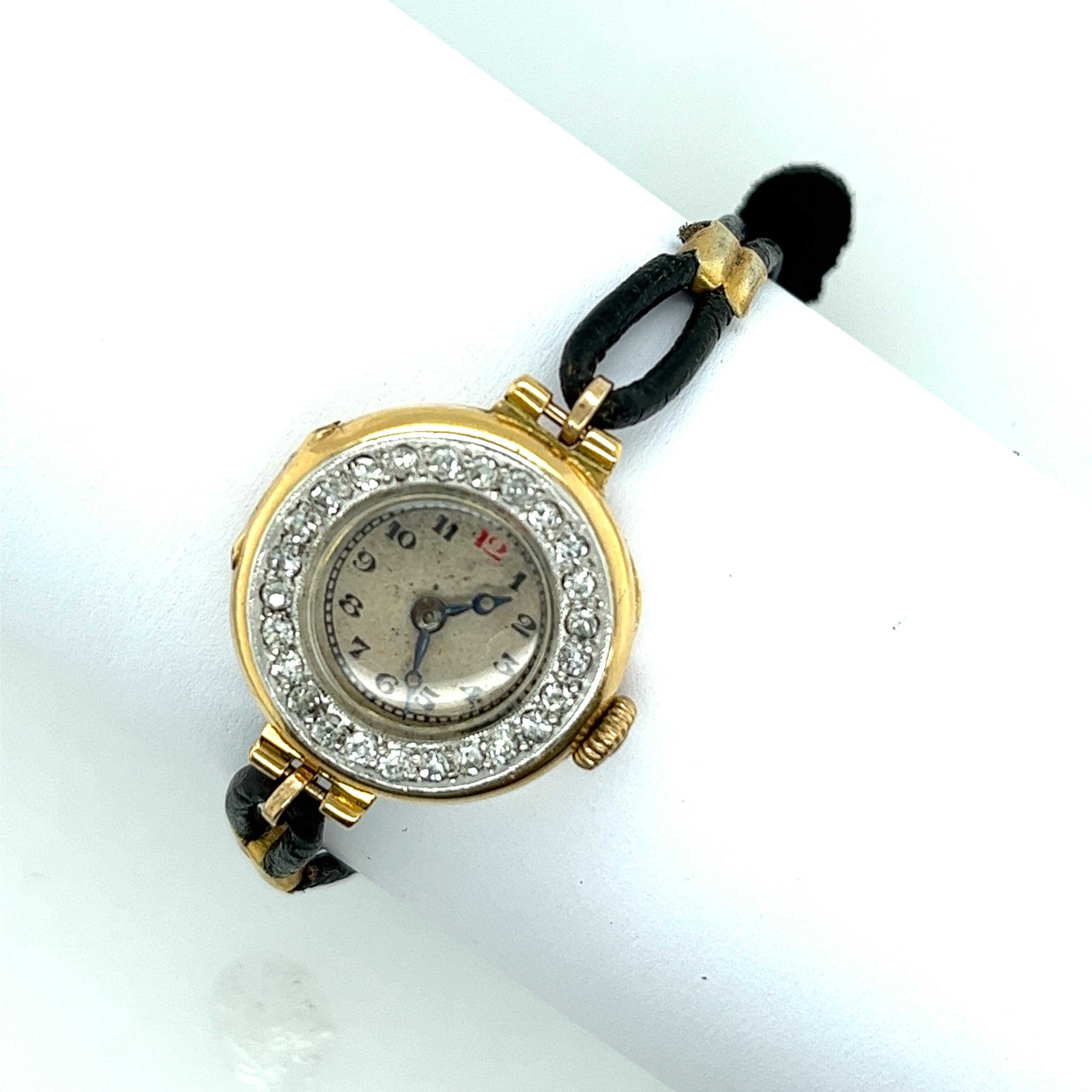 18ct Yellow Gold Diamond Watch with Leather Strap For Sale 1