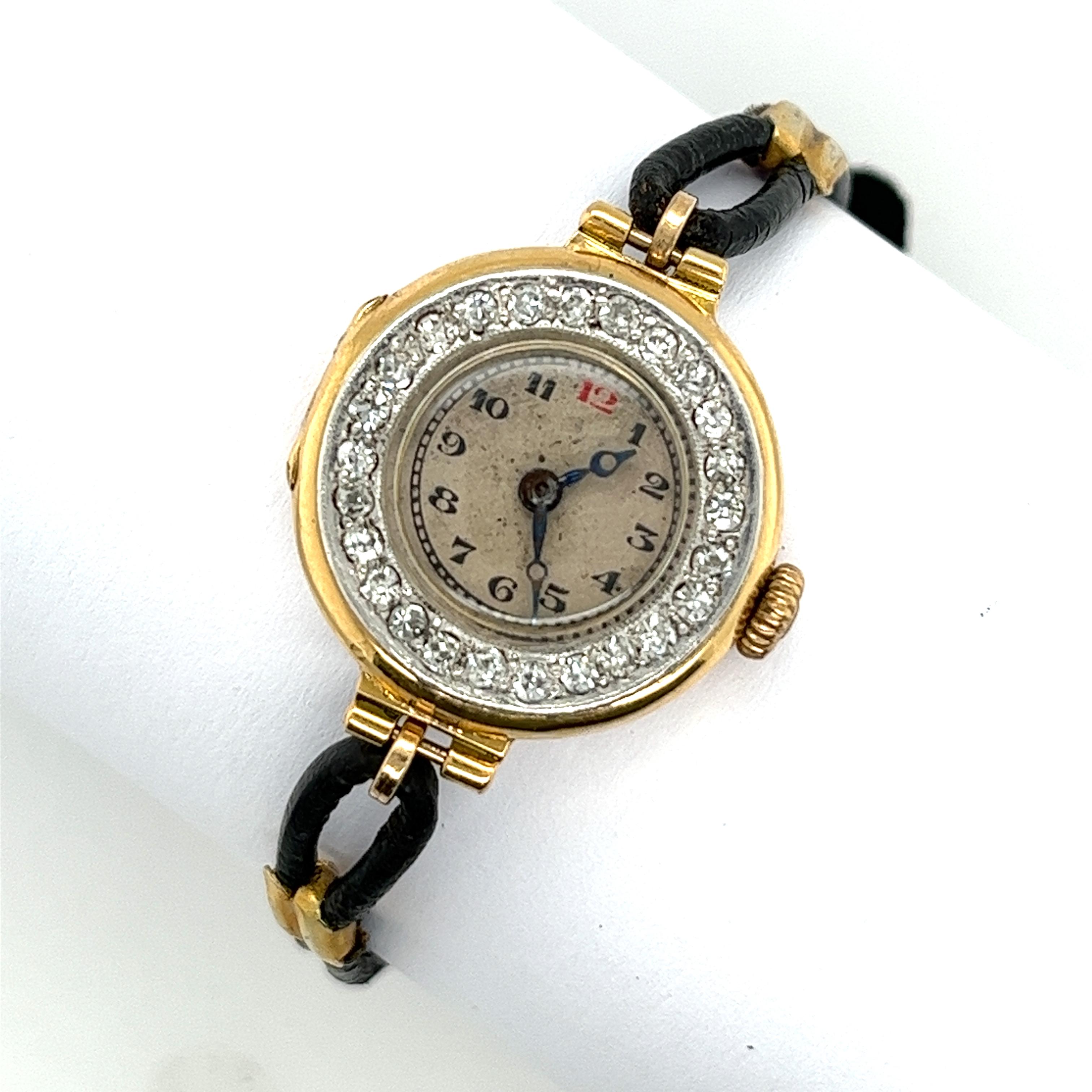 18ct Yellow Gold Diamond Watch with Leather Strap For Sale 2
