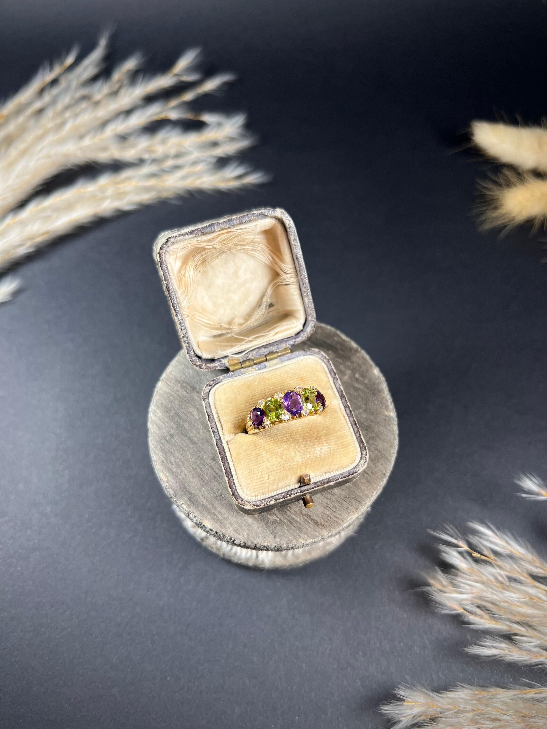 18 Karat Gelbgold Edwardianischer Suffragette-Ring mit Amethyst Peridot & Diamant im Angebot 7