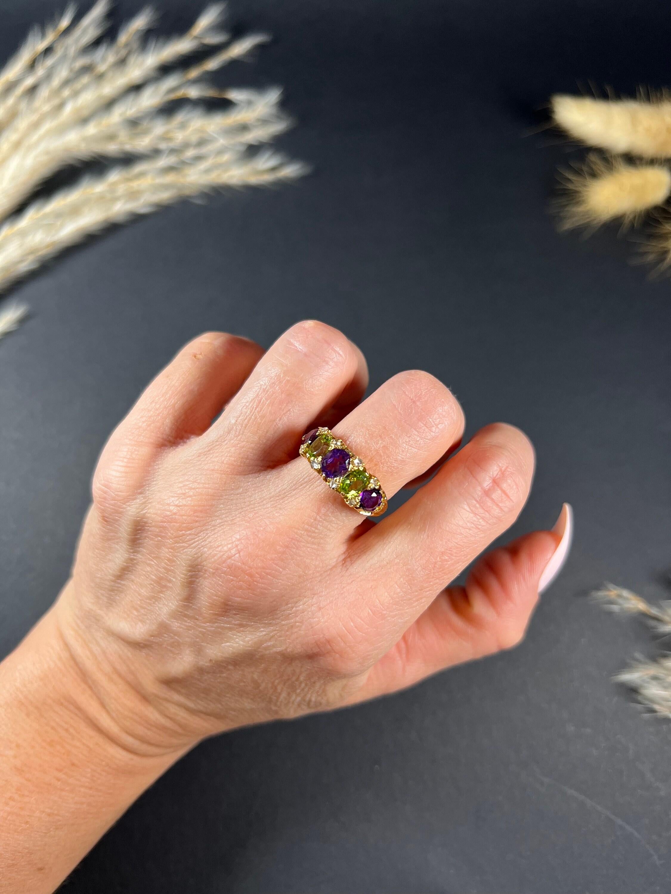 Women's or Men's 18ct Yellow Gold Edwardian Suffragette Ring Set with Amethyst Peridot & Diamond For Sale