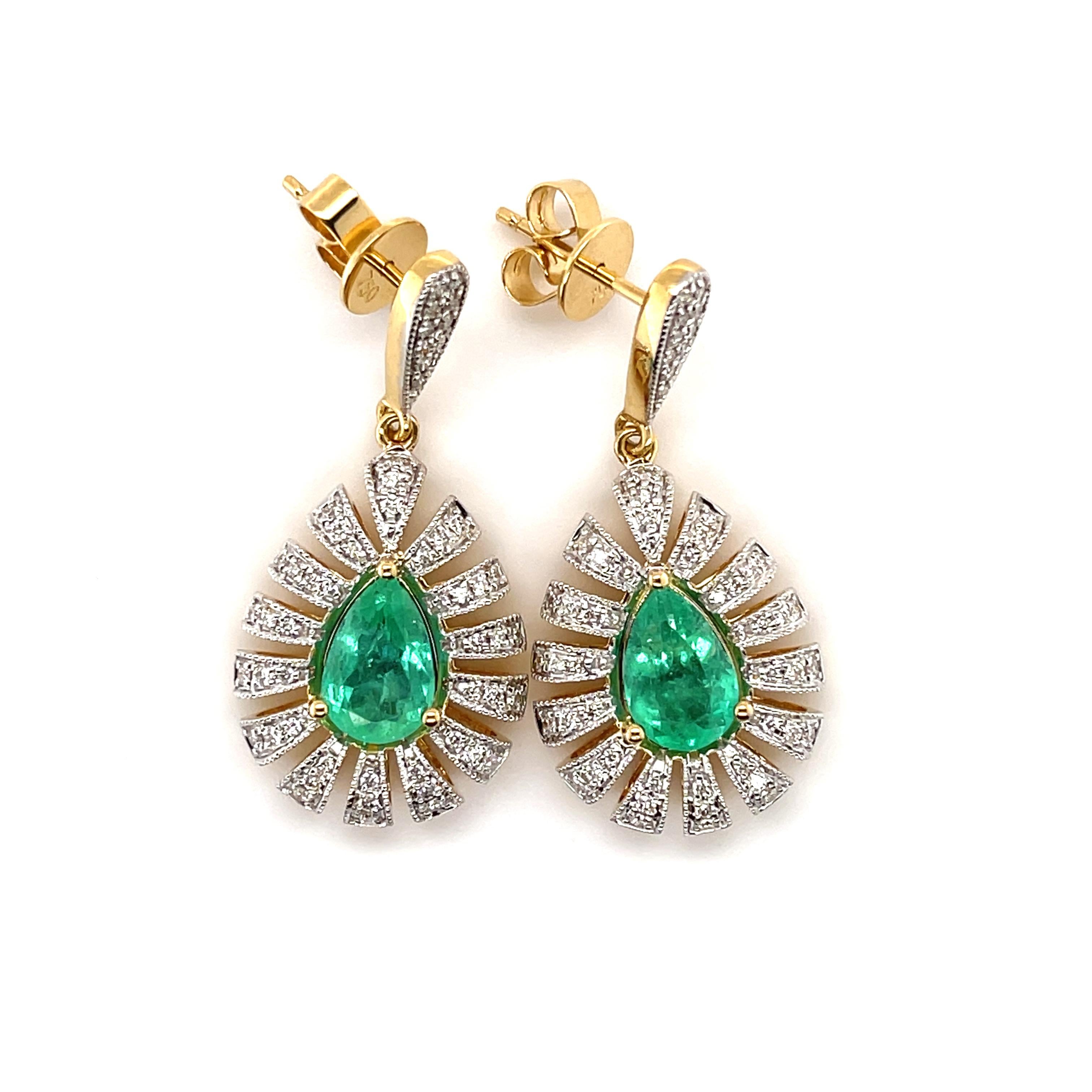 Women's 18ct Yellow Gold Emerald and Diamond Drop Stud Earrings For Sale